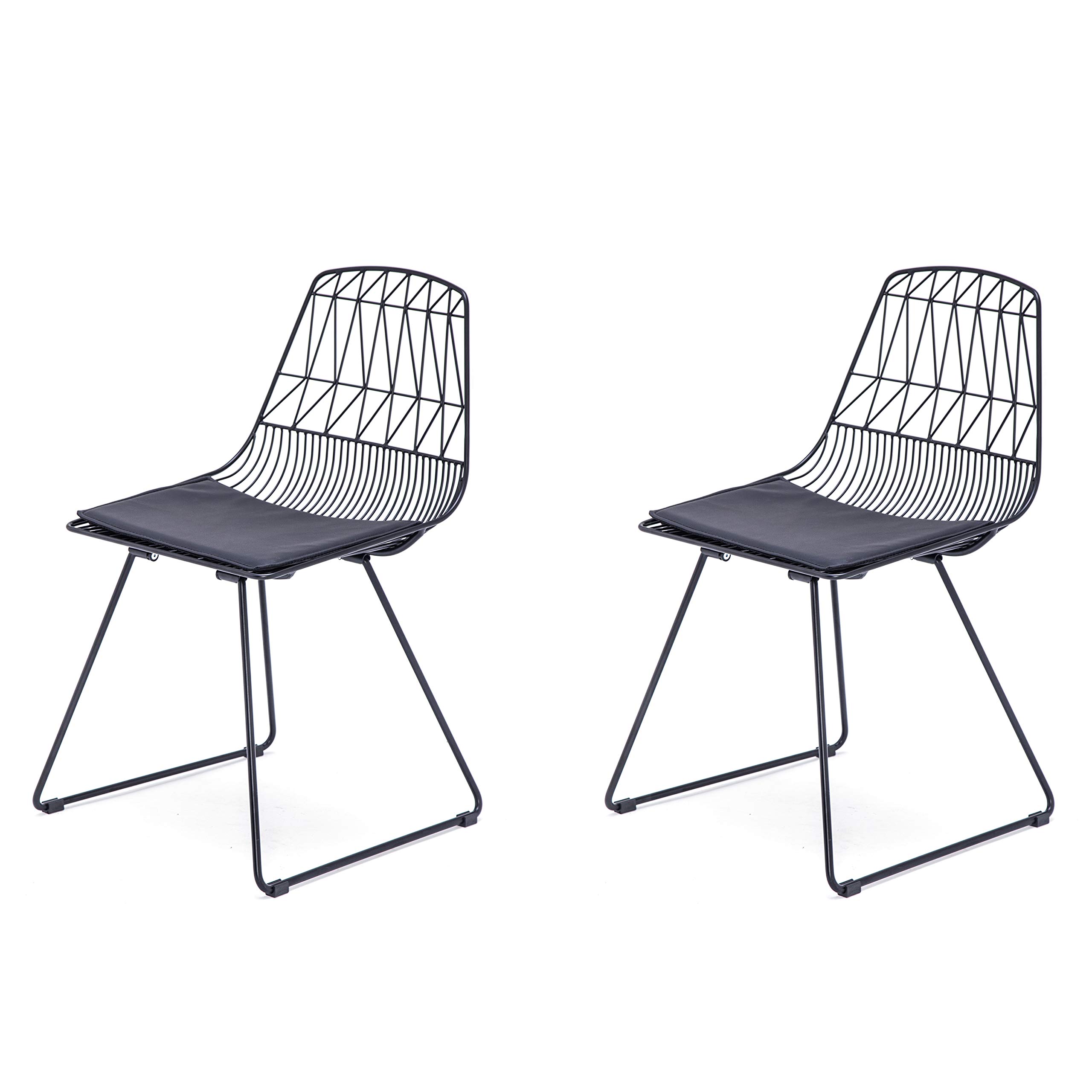 AC Pacific Metal Dining Chairs with Faux Leather Seat Pads - Set of 2 Matte Black - Modern Kitchen & Dining Room Furniture for Home & Restaurant Use