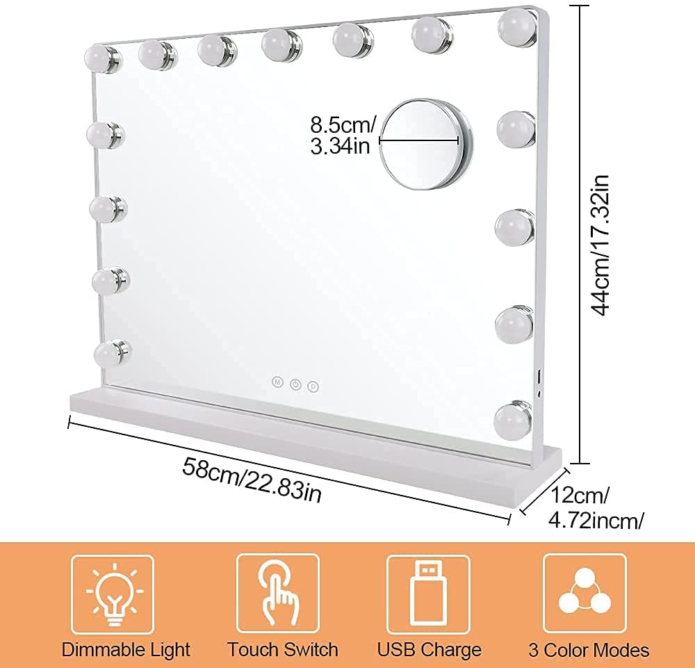 Depuley 23 x 18 Inch LED Vanity Mirror with Lights - Large Dimmable Makeup Mirror with Smart Touch Control, USB Powered & 15 Adjustable LEDs - Perfect for Dressing Room, Bedroom, Tabletop (White, 58 x 44 cm) - Ideal for Makeup Application, Skincare Routine & Home Decor
