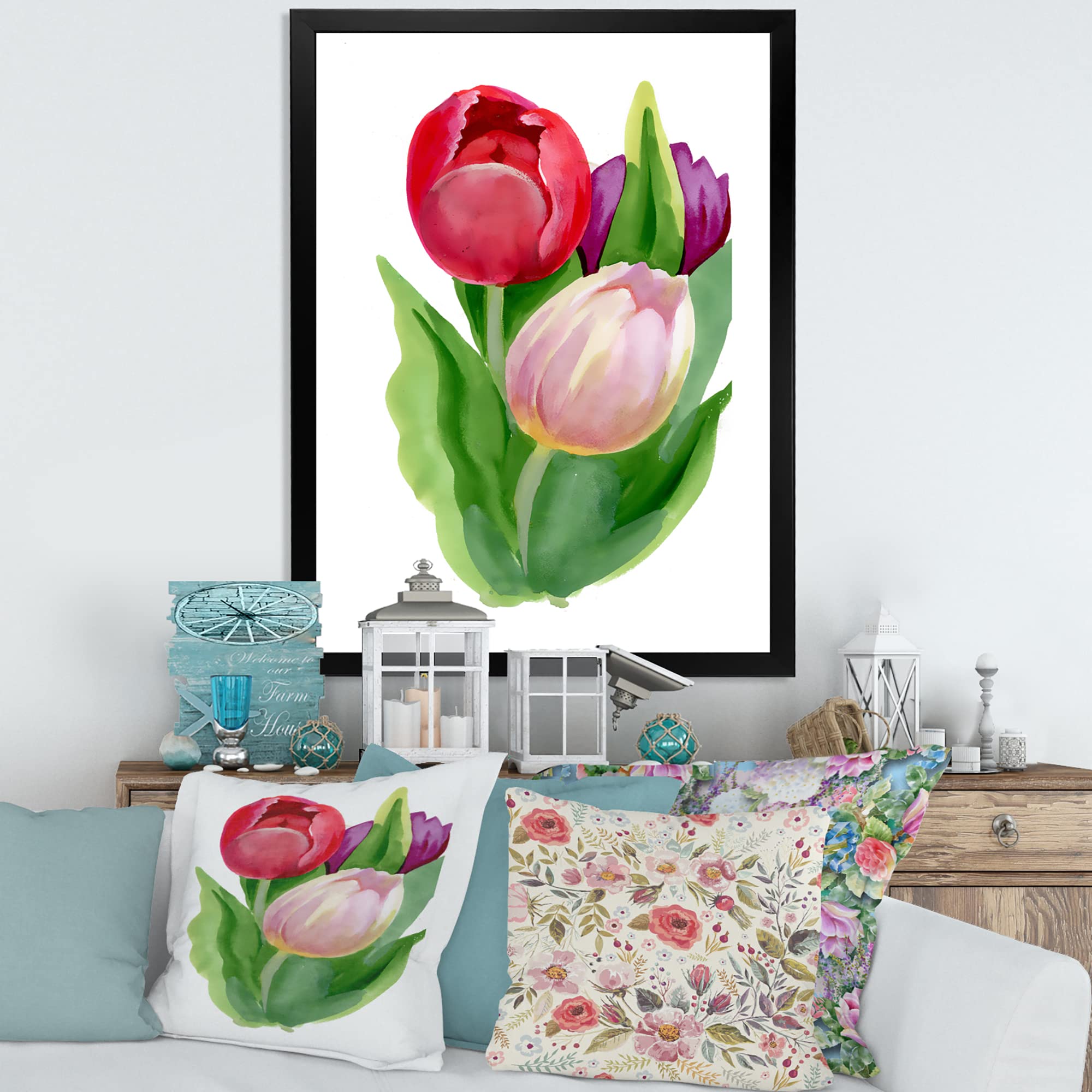 DesignQ Beautiful Tulip Flowers Traditional Framed Wall Art - Hand Painted Canvas Floral Decor for Living Room, Bedroom, Office - Perfect Home Decor Gift for Housewarming, Wedding & Birthday