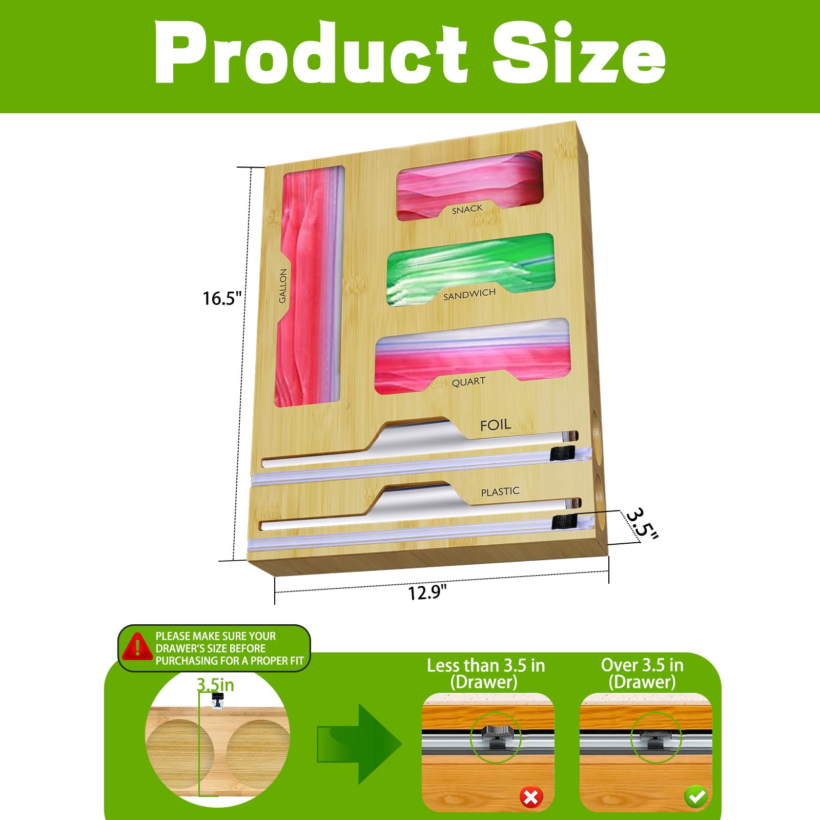 6-in-1 Kitchen Wrap Organizer Set - Foil & Plastic Wrap Dispenser with Cutter + 4 Storage Bags for Ziplock - Perfect for Kitchen Drawer Organization & Food Storage