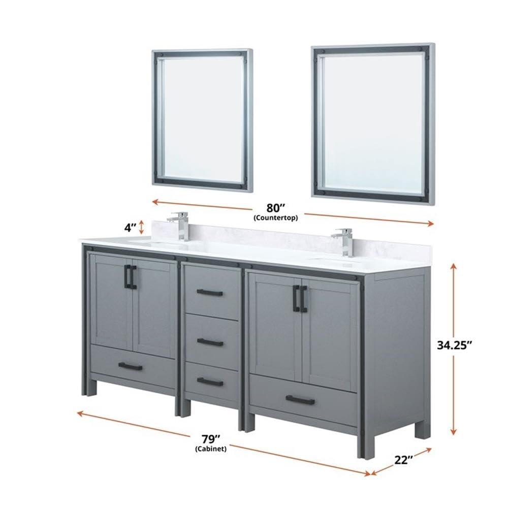 Ziva 80 Inch Wide x 22 Inch Deep Dark Grey Double Bathroom Vanity with Sink - Modern Bathroom Furniture for Master Bath & Guest Bath Remodel