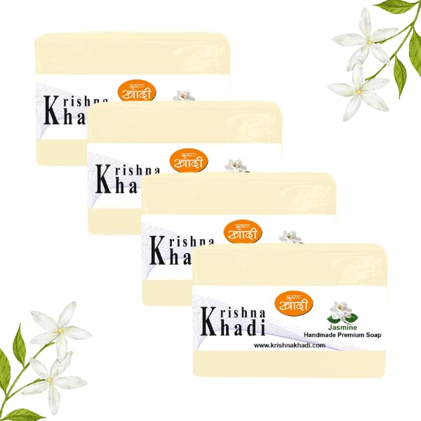 Krishna Khadi Premium Jasmine Soap Bar - Pack of 4 (125g Each) | 100% Natural, Moisturizing & Gentle Body Wash | Perfect for Daily Skincare, Spa Day & Ayurvedic Bathing Rituals