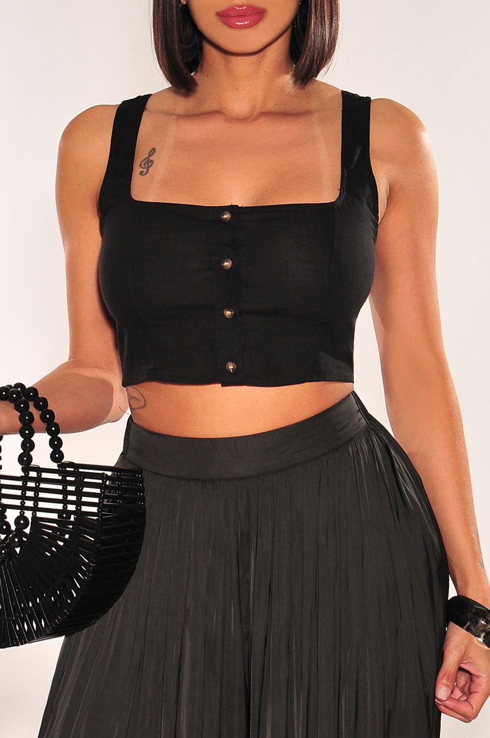 Black Linen Square Neck Sleeveless Button Up Crop Top for Women - Summer Casual Boho Blouse for Beach, Vacation & Date Night Outfits