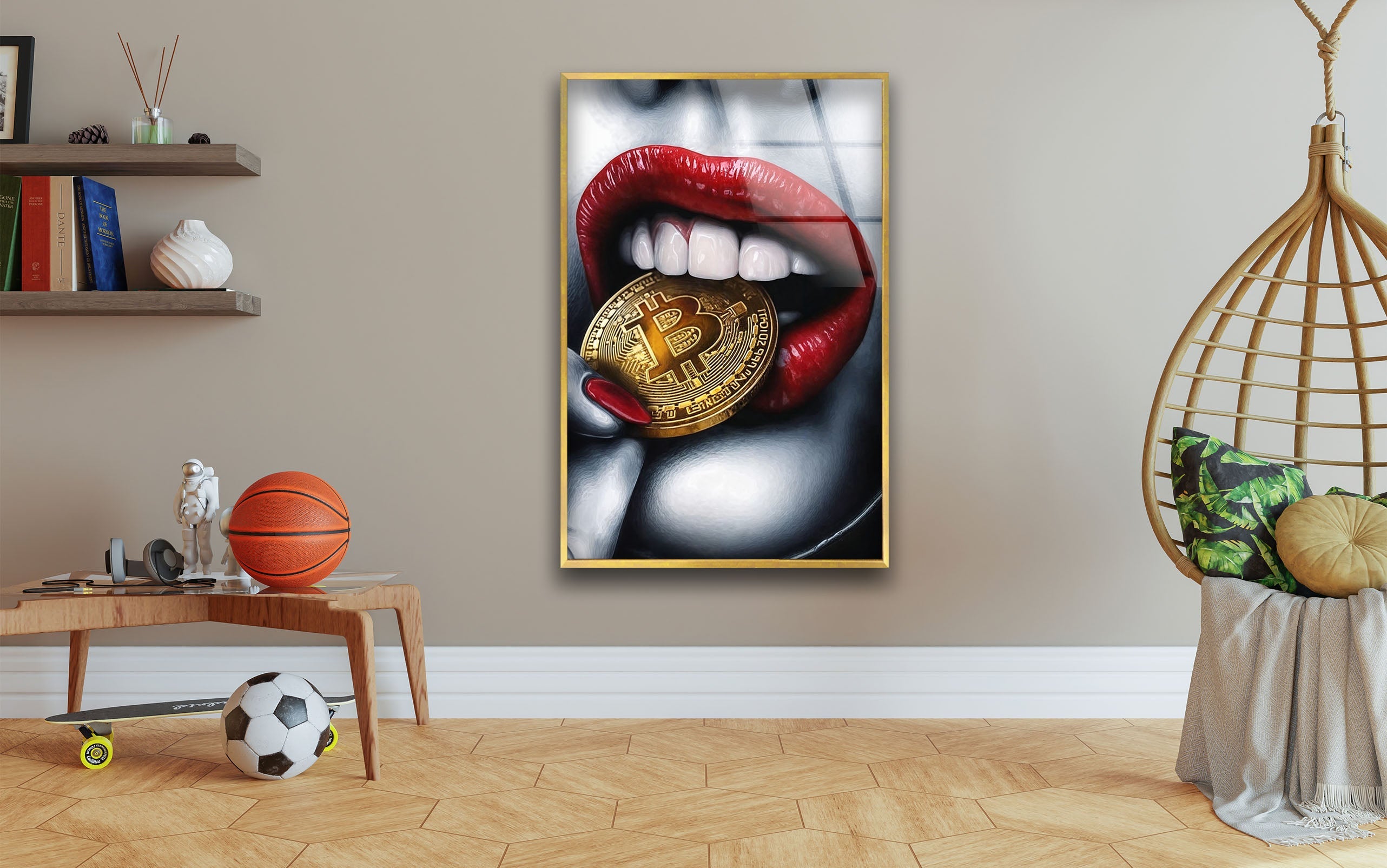 Bitcoin & Red Lips Glass Wall Art - Modern Crypto Themed Home Decor for Living Room, Bedroom or Office - Unique Gift Idea for Bitcoin Enthusiasts