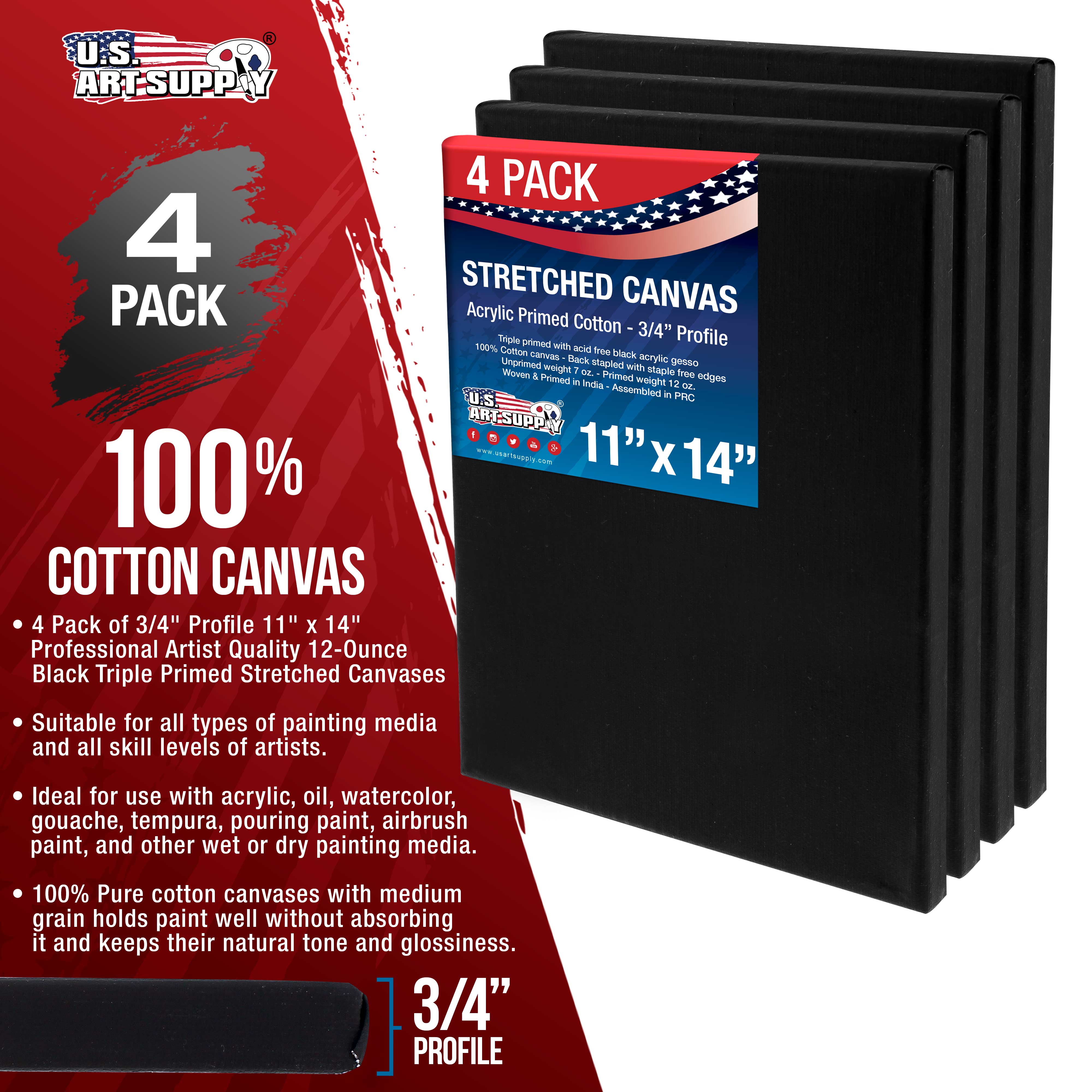 11x14 Inch Black Stretched Canvas 4-Pack - 12oz Heavyweight Primed Cotton Canvas for Professional Artists - 3/4 Profile Gesso Prepped - Perfect for Oil, Acrylic & Mixed Media Painting - Home Studio & Classroom Art Supplies