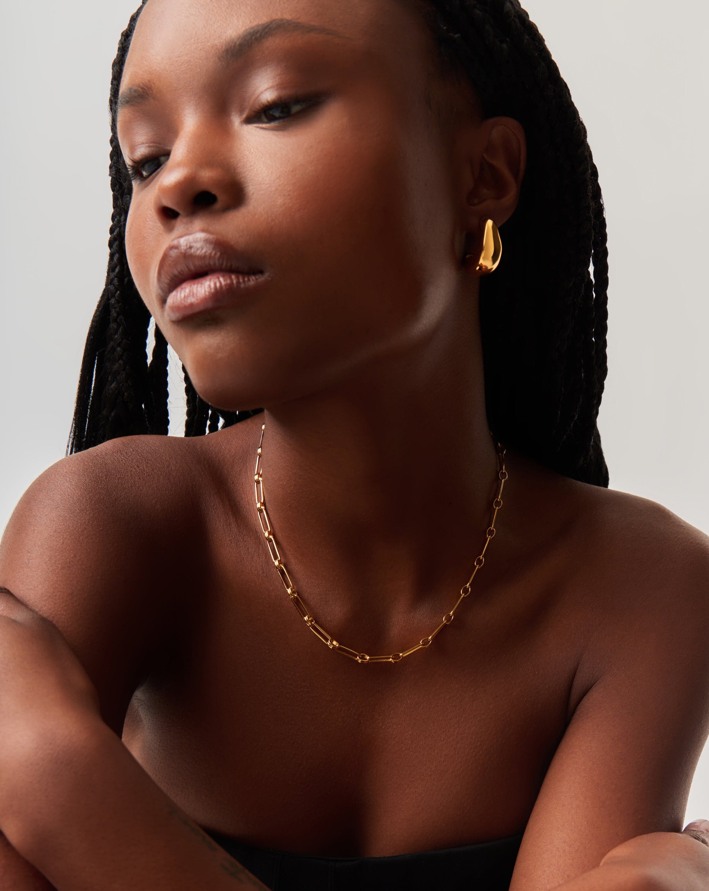 18k Gold Plated Dome Hoop Earrings and Chain Necklace Set for Women - Elegant Jewelry Gift for Birthday, Anniversary, Party & Everyday Wear