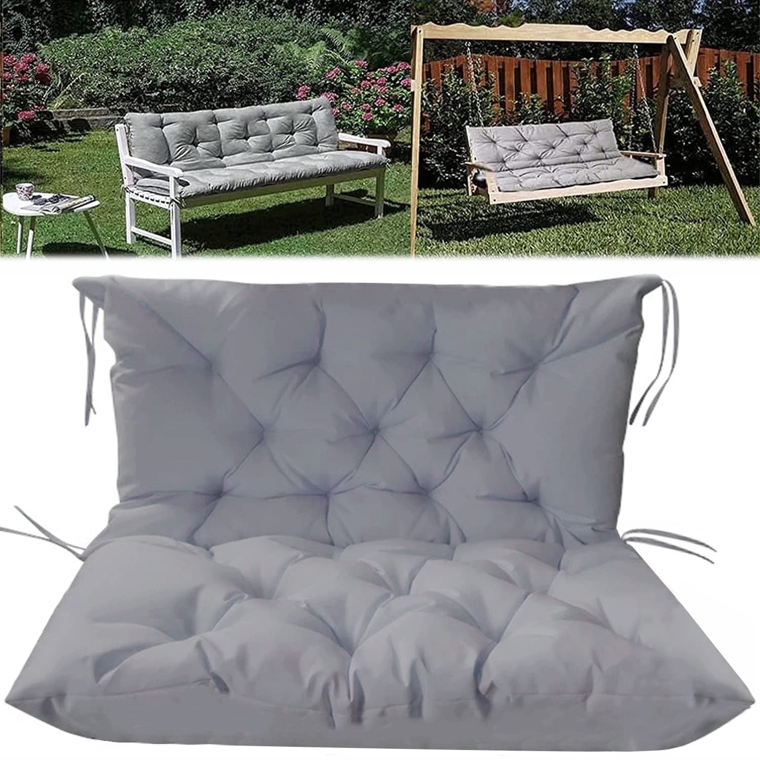 Premium 2/3 Seat Outdoor Swing Cushions - Waterproof Garden Bench Cushions with Backrest & Non-Slip Ties - Soft Overstuffed Patio Swing Seat Pads (Light Grey, 40x59 Inch) for Porch, Deck, and Backyard Relaxation