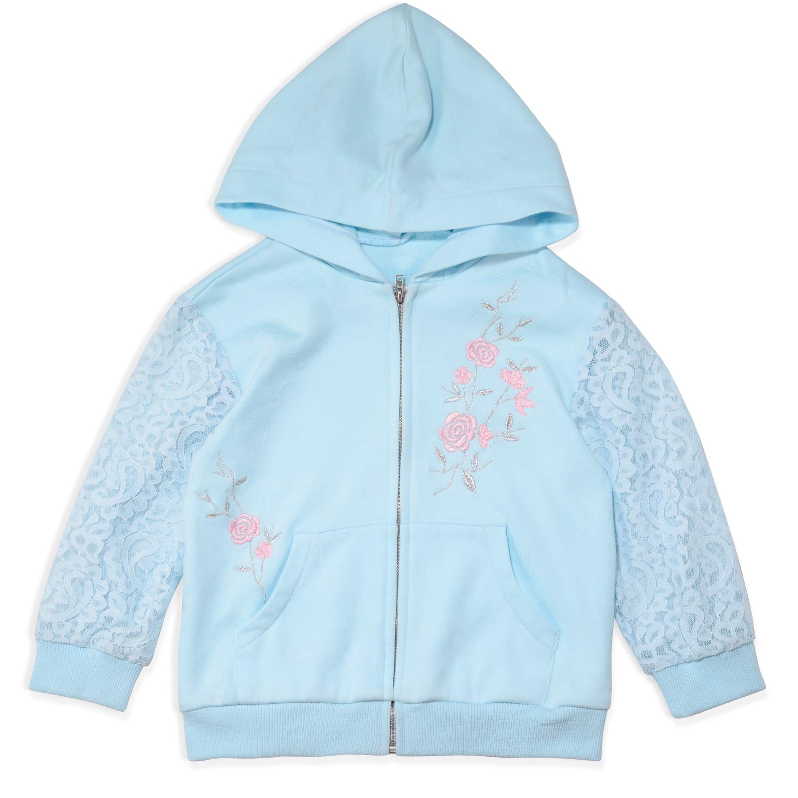 Girls Zip Up Hoodie with Pockets, Lace Sleeves & Back, Floral Embroidery - Cute Youthful Sweatshirt for School, Playdates & Casual Outings