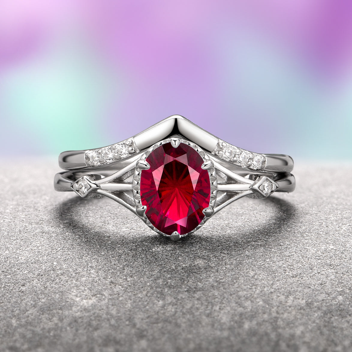 Celtic Ruby Ring Set Sterling Silver - Fantasy Cut Vintage Jewelry for Women | Perfect for Weddings, Anniversaries & Special Occasions