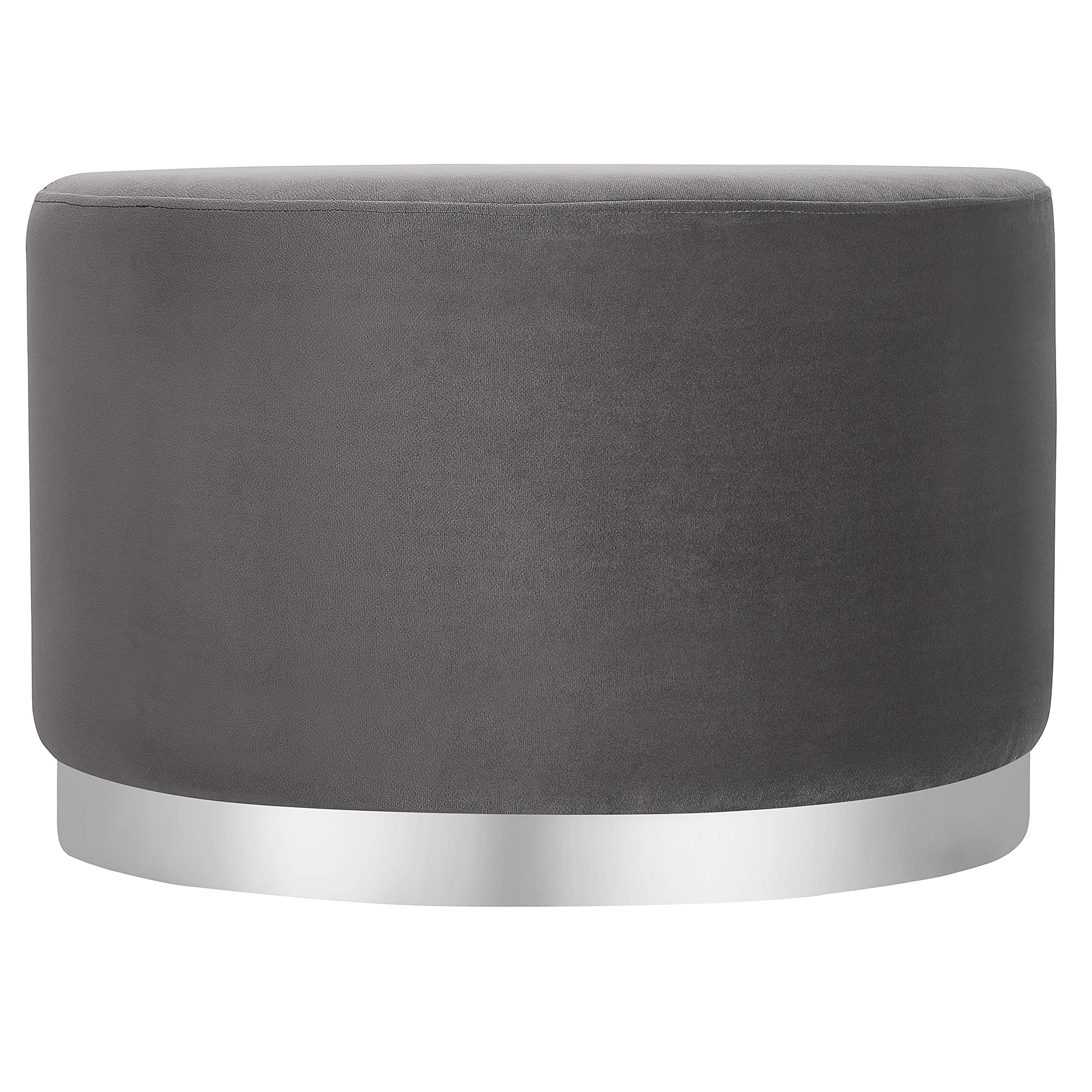 BIRDROCK HOME Large Round Velvet Ottoman Pouf with Silver Trim - Soft Padded Foot Rest Stool for Living Room, Bedroom & Office - Grey Velvet Decor - Perfect as Coffee Table Ottoman, Shoe Storage Seat, Vanity Stool or Desk Footrest