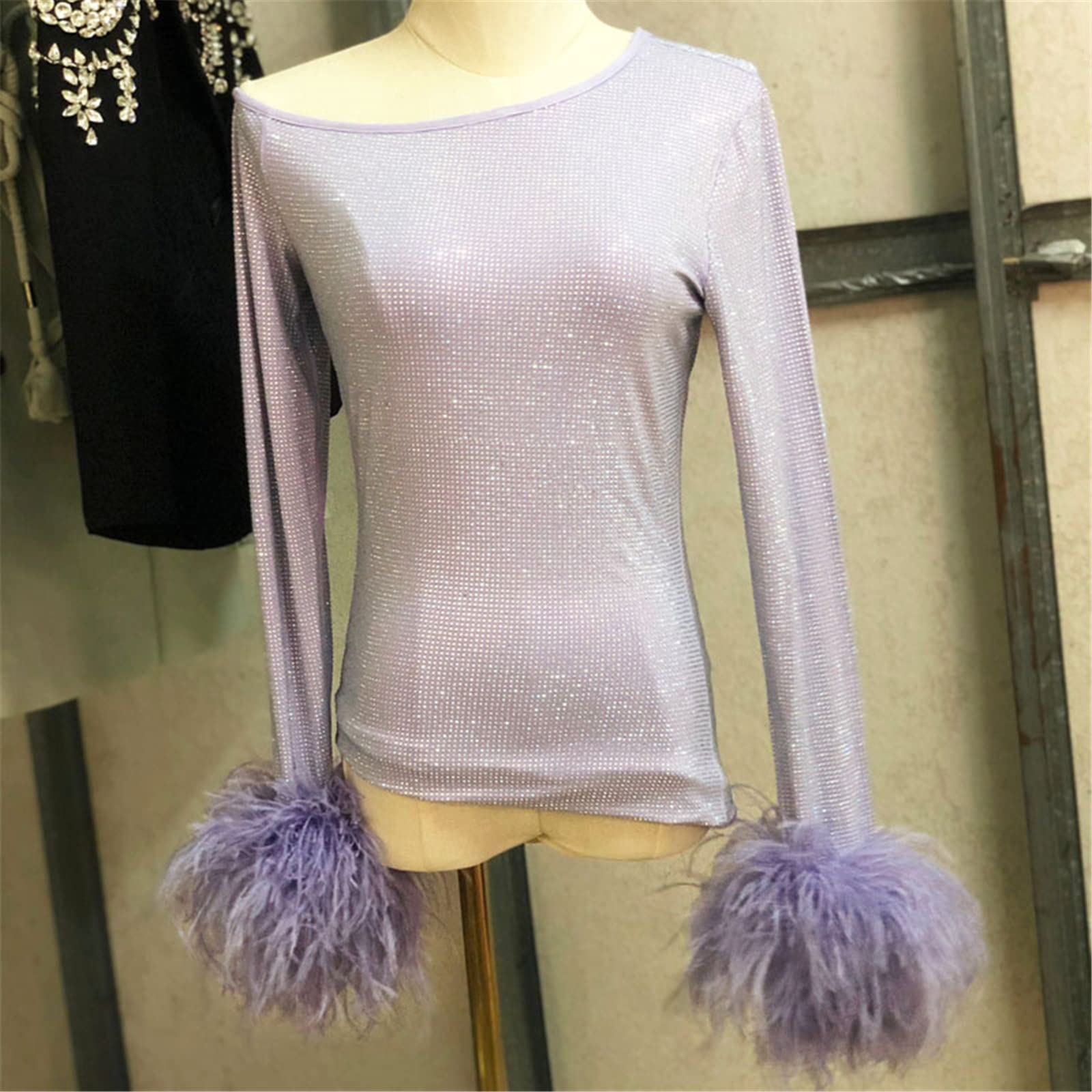 CE-11 Women's Shiny Sheer Mesh Top with Real Ostrich Feather Cuffs & Rhinestone Crystal Details - Long Sleeve Asymmetrical Sexy Shirt Dress (XXL, Purple) | Perfect for Nightclub Outfits, Party Wear, and Special Occasions