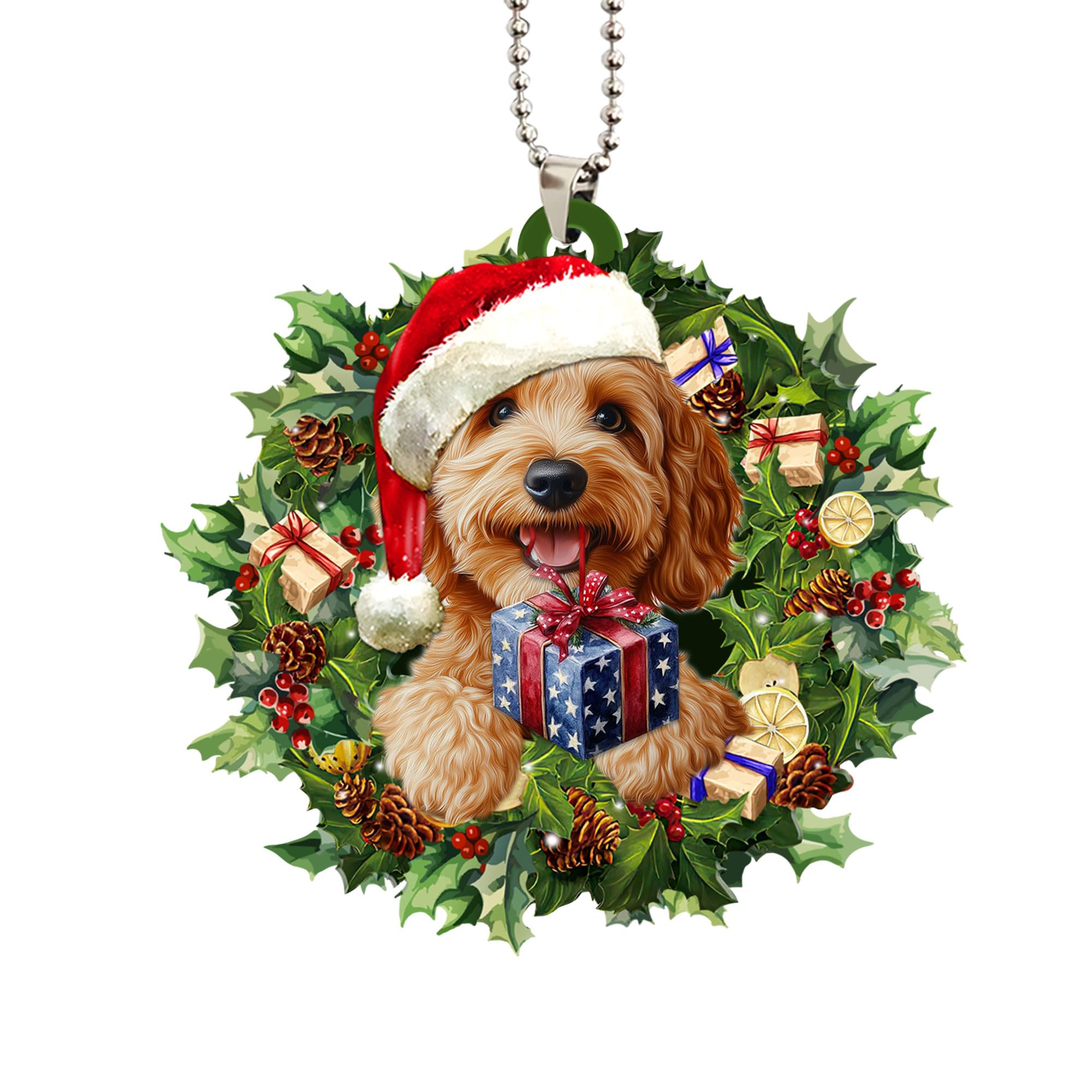 Talataca Goldendoodle Christmas Hat Wreath 2D Car Mirror Charm - Dog Lover Gift, Holiday Car Ornament & Interior Decor for Christmas, Perfect for Pet Owners & Festive Vehicle Decoration