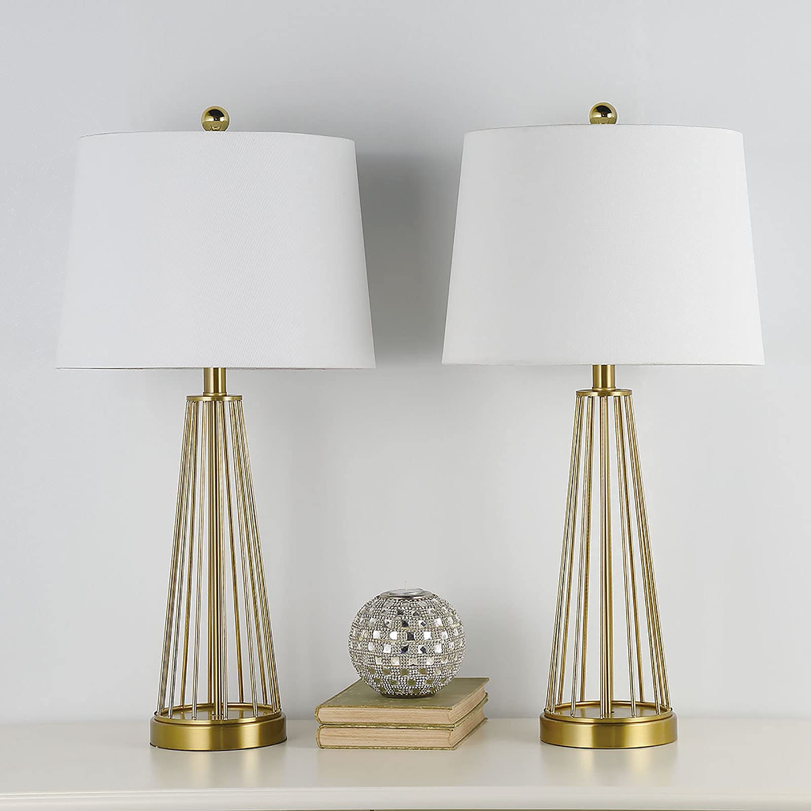 Maxax 27 Inch Table Lamps Set of 2 - 3-Way Dimmable Brass Gold Nightstand Lamps with White Fabric Shade, Industrial Bedside Lighting for Living Room, Bedroom & Office - Hollow Metal Base for Modern Home Decor