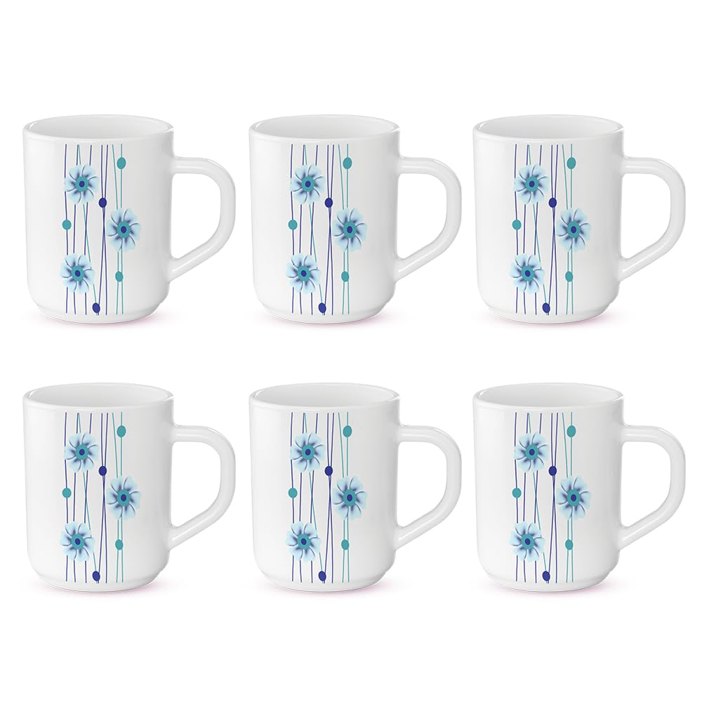 Borosil Bluebell Opalware Tea & Coffee Mugs Set of 6 - 240ml Each, Microwave & Dishwasher Safe, Bone-Ash Free, Durable White Ceramic Cups for Home, Office, Restaurants & Gift Giving