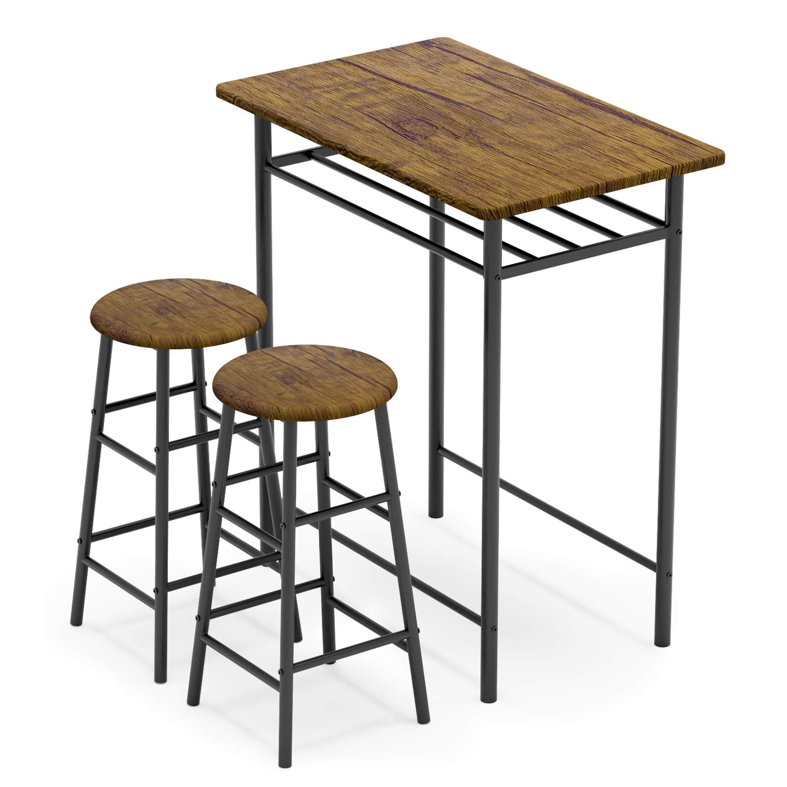Weehom 3-Piece Modern Bar Table Set with 2 Stools - Counter Height Pub Dining Table & Chairs, Built-in Storage Shelf, Easy Assembly, Brown - Perfect for Kitchen, Breakfast Nook, Small Apartment & Patio