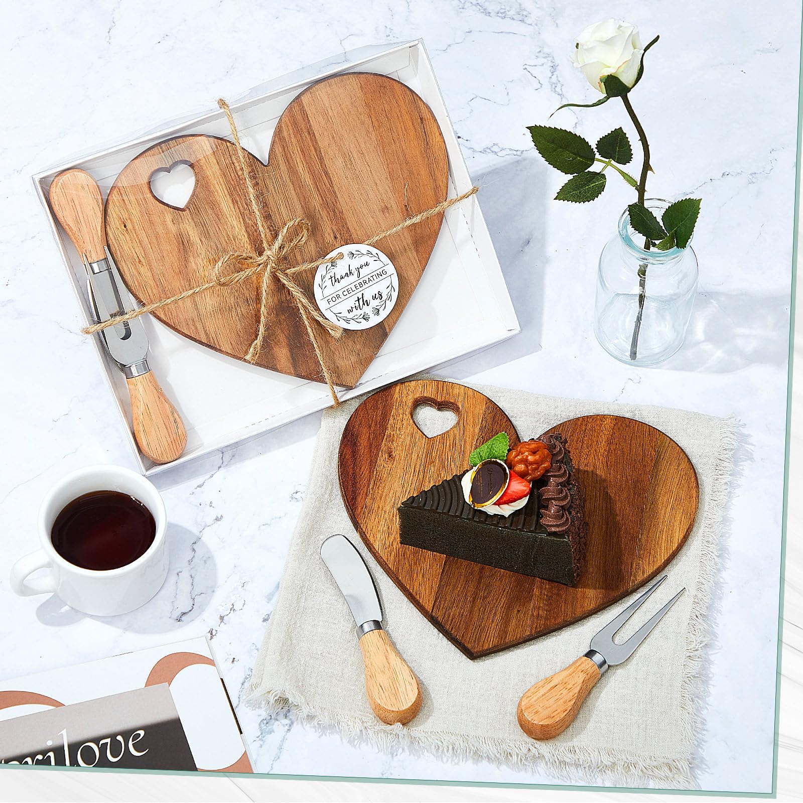 36-Piece Heart-Shaped Acacia Wood Cheese Board Set with Knives - Perfect for Bridal Showers, Baby Showers, Weddings & Valentine's Gifts - Elegant Charcuterie Serving Platter & Thank You Favors for Guests
