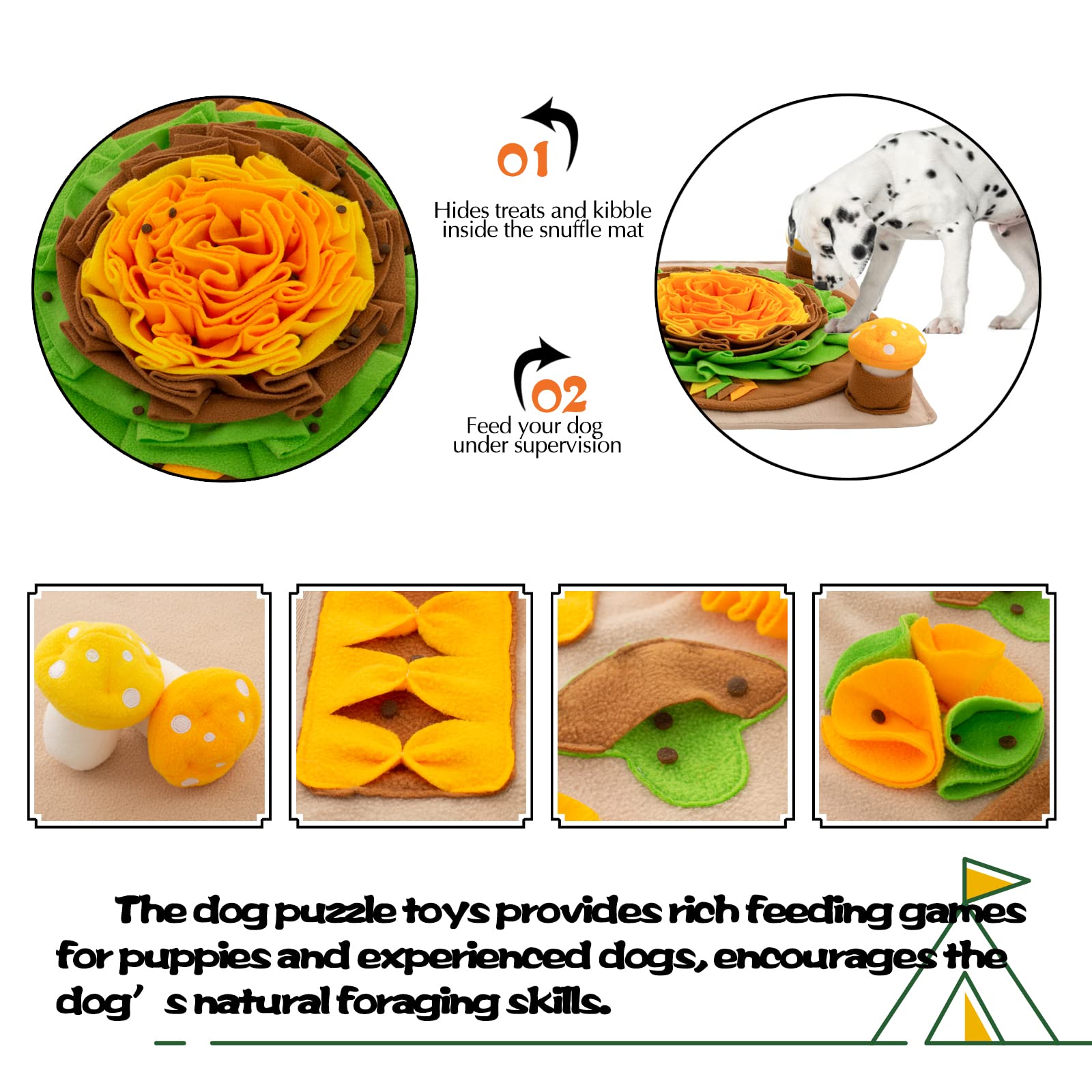 Dog Snuffle Mat with Squeaky Mushrooms - Puzzle Toy for Foraging & Stress Relief - Indoor/Outdoor Pet Enrichment