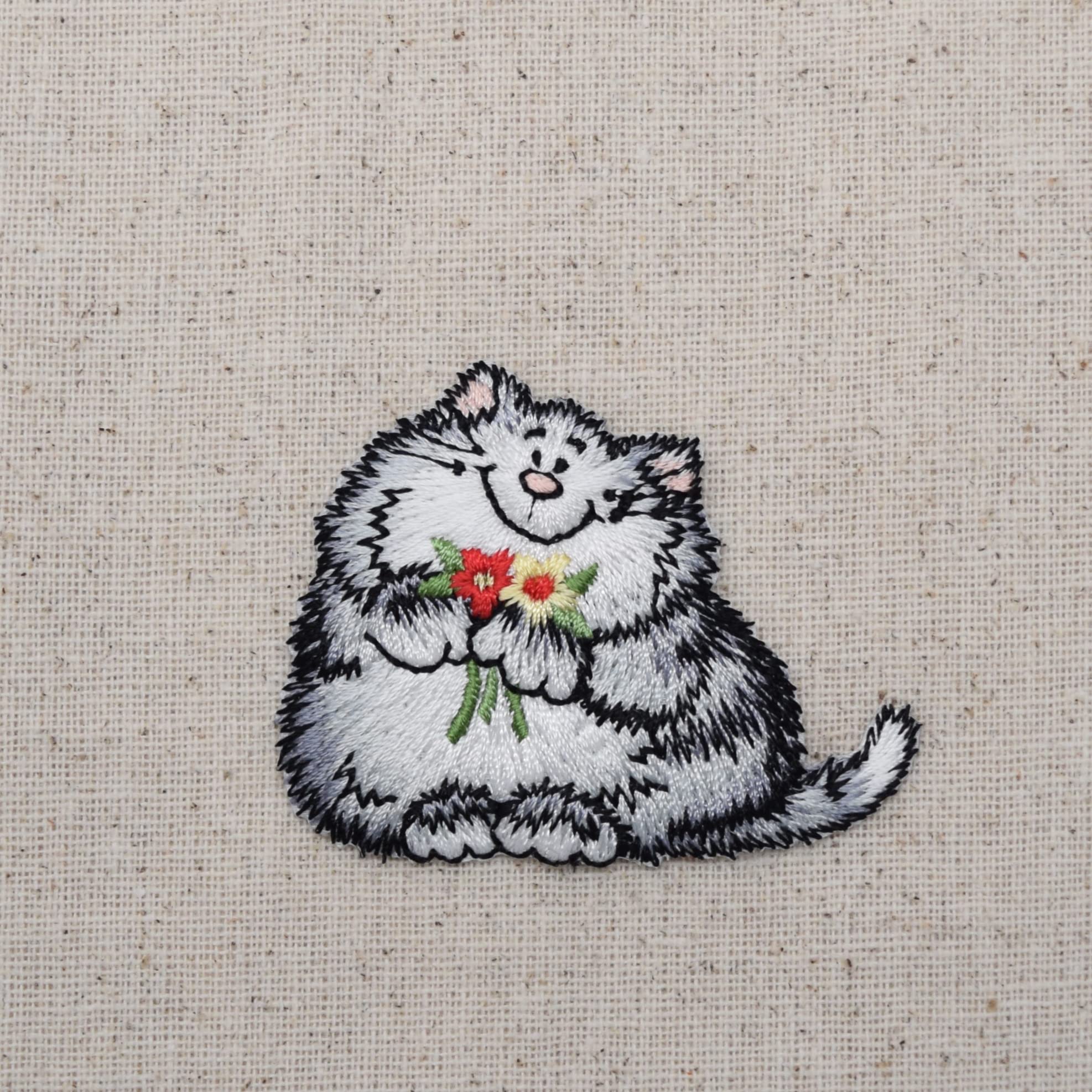 Gray Kitty Cat Embroidered Iron On Patch with Red & Yellow Flowers - Perfect for Pet Lovers, DIY Clothing, Jackets, Backpacks & Costume Decoration
