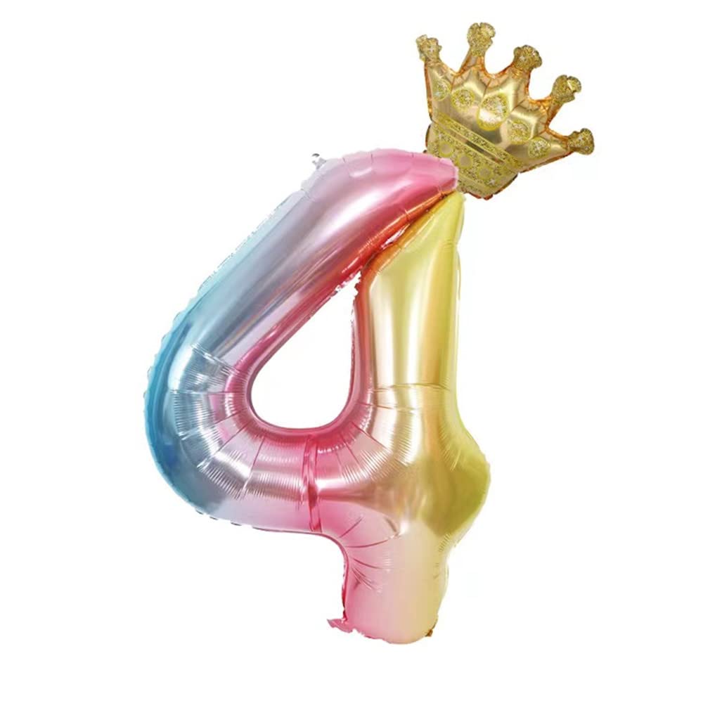40-Inch Rainbow Gradient Number 4 Crown Balloons Set - 4th Birthday Party Decorations for Kids - Perfect for Birthday Celebrations, Photo Backdrops & Baby Showers
