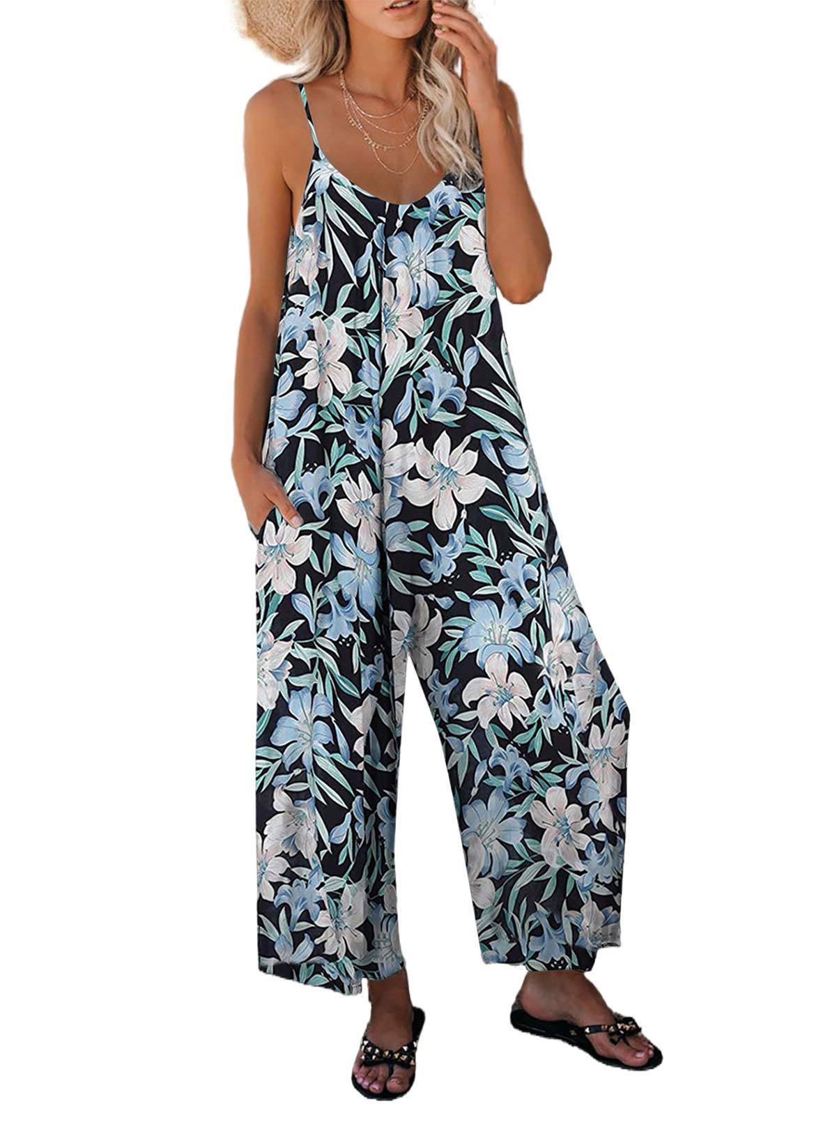 Dokotoo Women's Loose Sleeveless Jumpsuit with Adjustable Spaghetti Straps & Pockets - Stretchy Long Pant Romper for Summer, Beach, Travel & Casual Wear