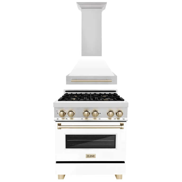ZLINE Autograph Edition 30-inch Stainless Steel Dual Fuel Range with White Matte Door & Gold Accent Range Hood - Professional Kitchen Package for Home Chefs | Perfect for Modern Kitchens & Gourmet Cooking