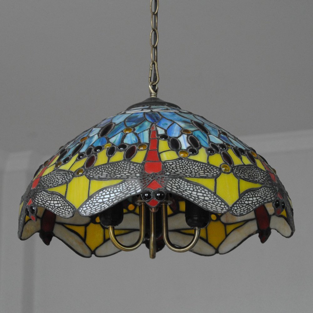 Tiffany Glass Dragonfly Chandelier - Elegant Ceiling Pendant Light for Dining Room, Kitchen, Living Room & Bedroom | Perfect for Home Decor, Restaurants & Cafe Lighting