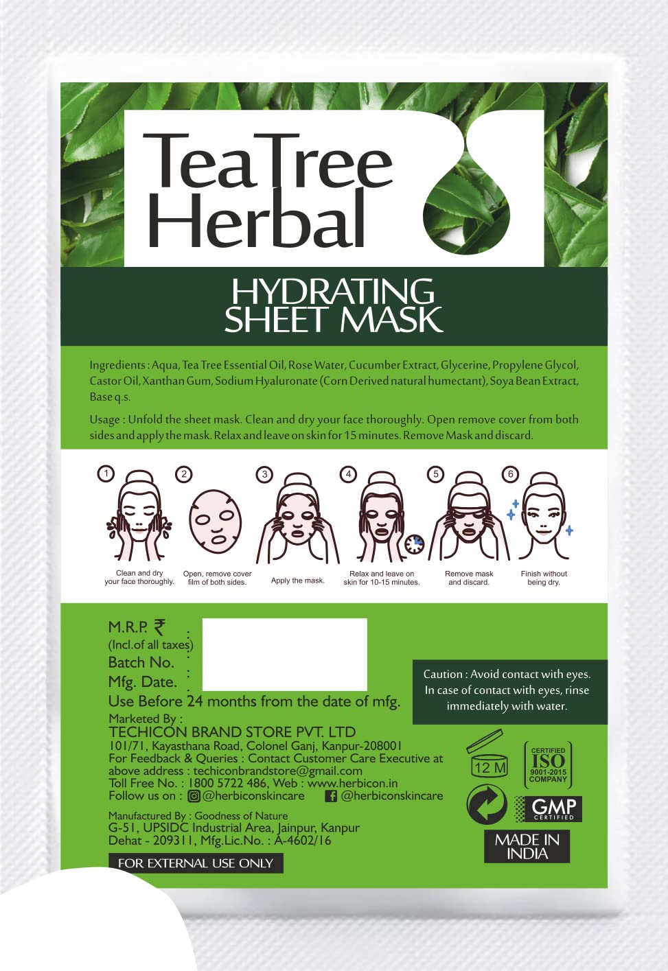 Tea Tree & Aloe Vera Face Sheet Mask for Acne, Oily Skin & Inflammation Relief - 20g Herbal Facial Mask - Pack of 1 - Perfect for Deep Cleansing & Soothing Skin After Workout or Travel