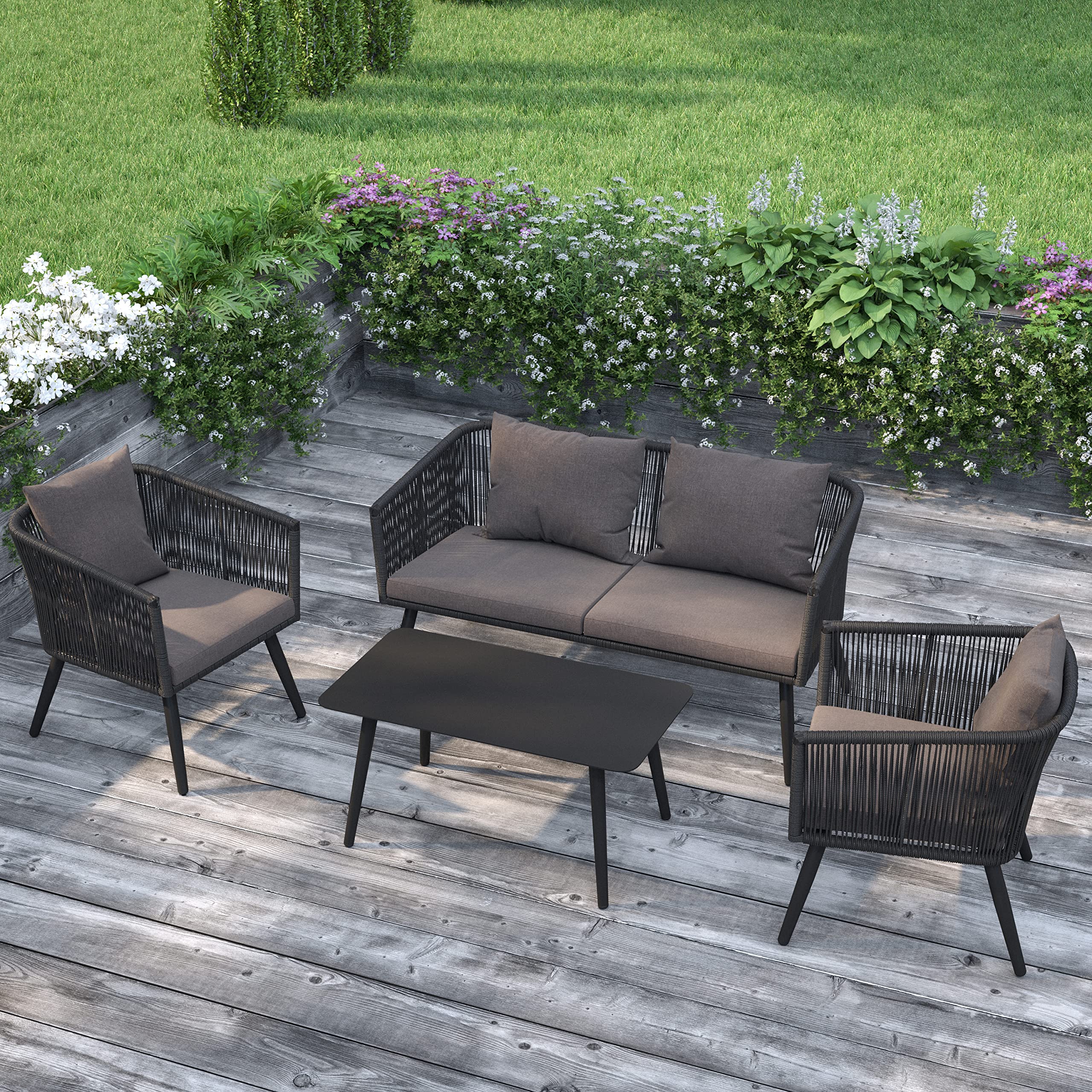 Merrick Lane Magnolia 4-Piece Outdoor Furniture Set - Black Woven Aluminum Loveseat, 2 Chairs & Coffee Table with Gray Cushions - Perfect for Patio, Garden & Backyard Relaxation