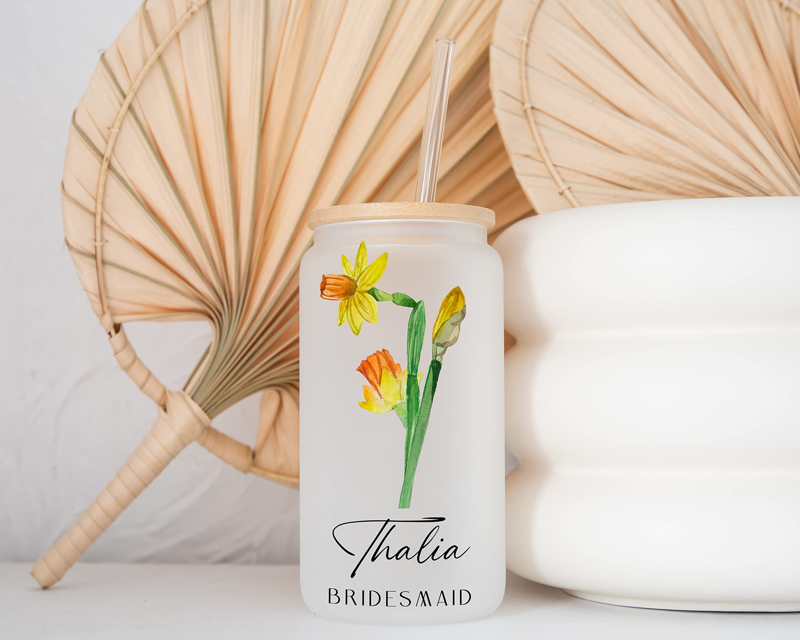 Personalized Birth Month Flower Glass Tumbler - Custom Bridesmaid Gift, Maid of Honor Present, Mother's Day Gift Idea - Frosted Bamboo Lid Coffee Cup for Women - Perfect for Weddings, Showers & Daily Use