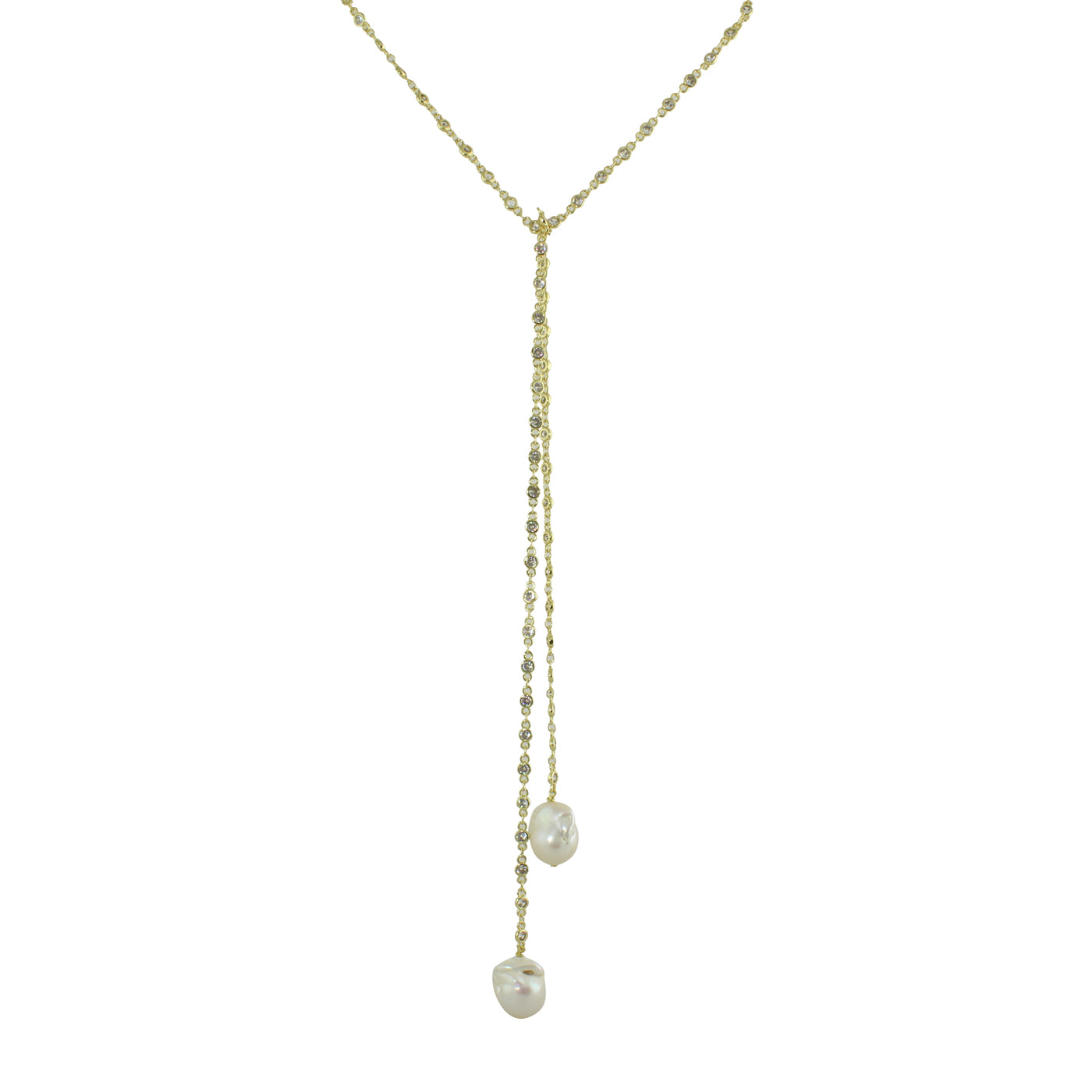 Elegant Long CZ Bezel Lariat Necklace with Pearl Ends - Perfect for Weddings, Parties & Evening Events