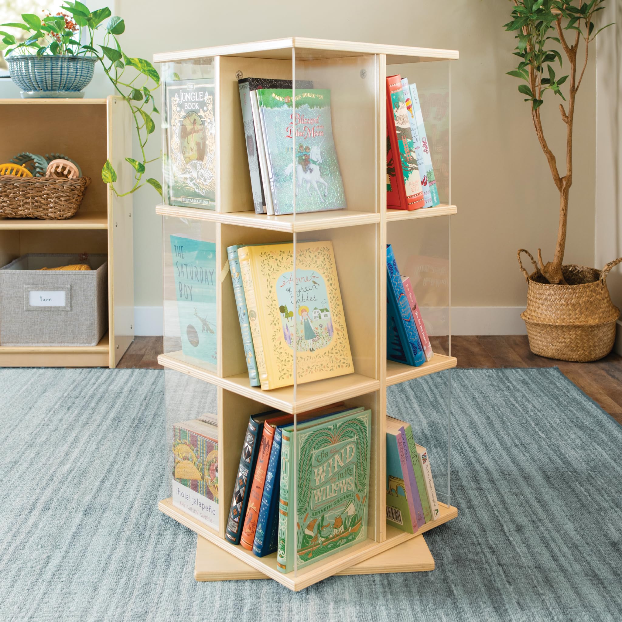 Guidecraft EdQ Kids Rotating Bookshelf - Natural Wood 360 Degree Spinning Bookcase with Acrylic Montessori Storage | Toy Organizer for Classroom, Bedroom & Playroom | Perfect for Reading Corners, Daycare Centers & Homeschool Learning Spaces