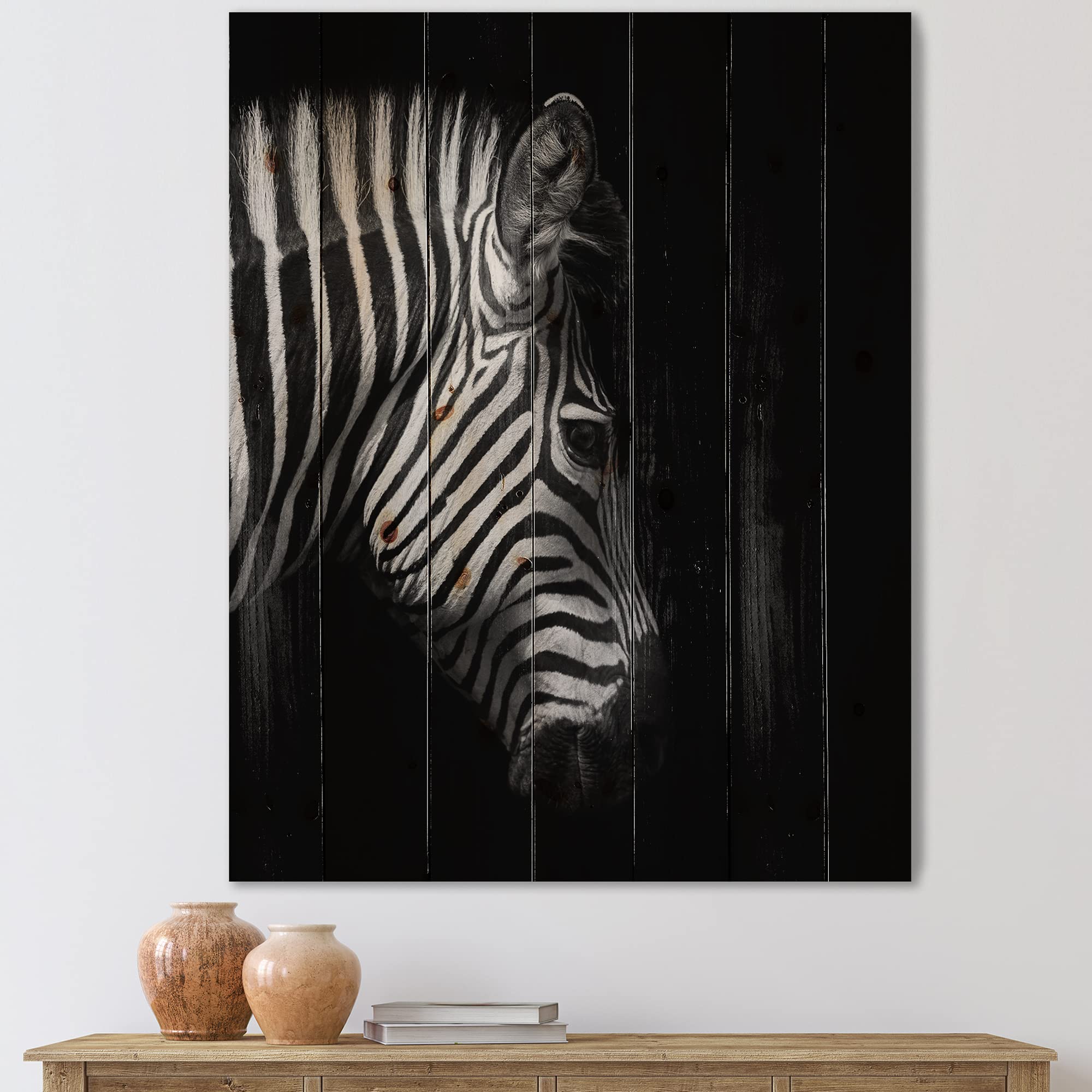 DesignQ Monochrome Zebra Head Wall Art - Farmhouse Wood Decor, Black Animal Print on Natural Pine Wood Panel - Perfect for Living Room, Bedroom & Office Wall Decor