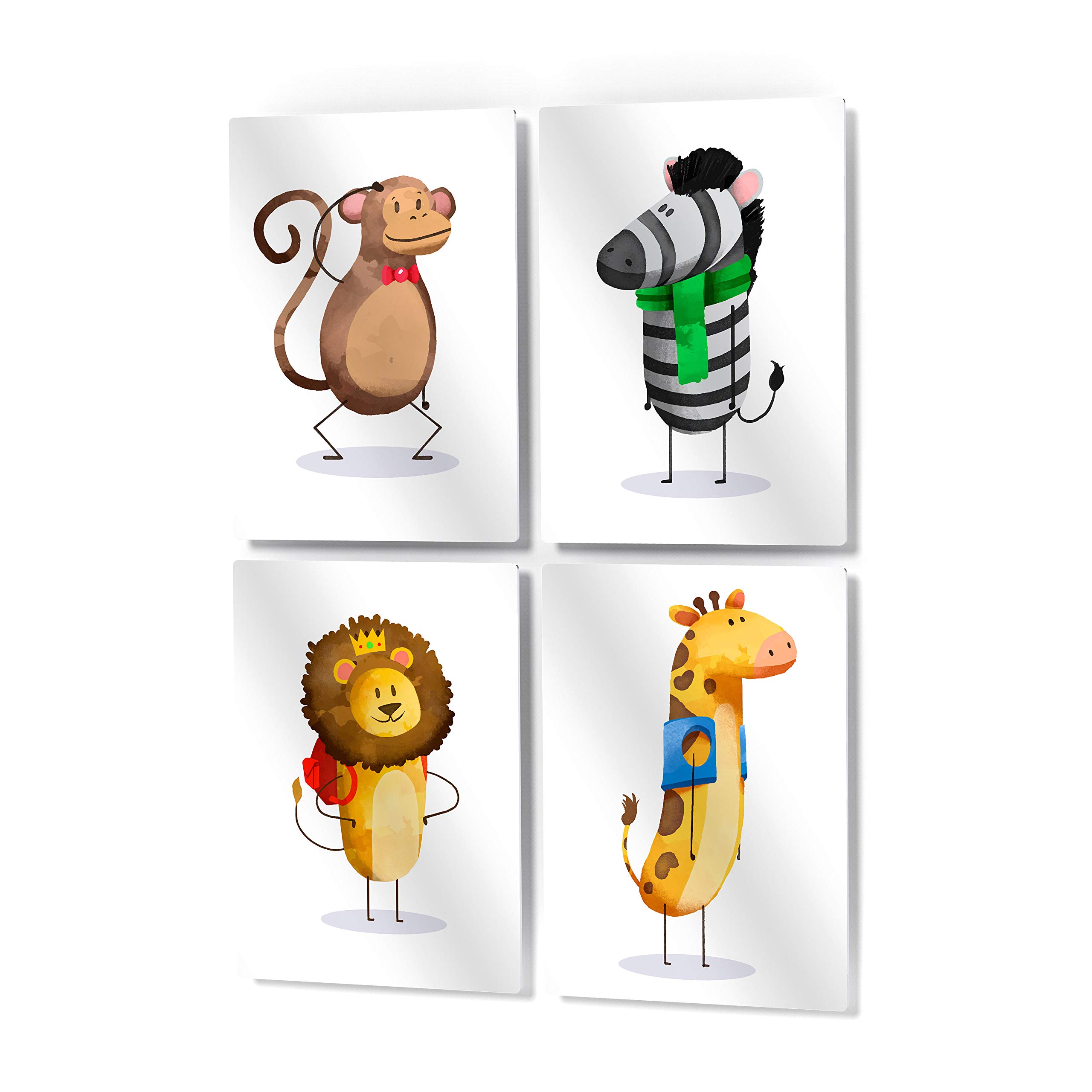HB Art Design Monkey Zebra Lion Giraffe Wall Art - 4 Panel Nursery Decor Set for Baby Girl & Boy Rooms - Handmade in USA (30x20 inches each) - Perfect for Kids Bedroom, Playroom & Baby Shower Gifts