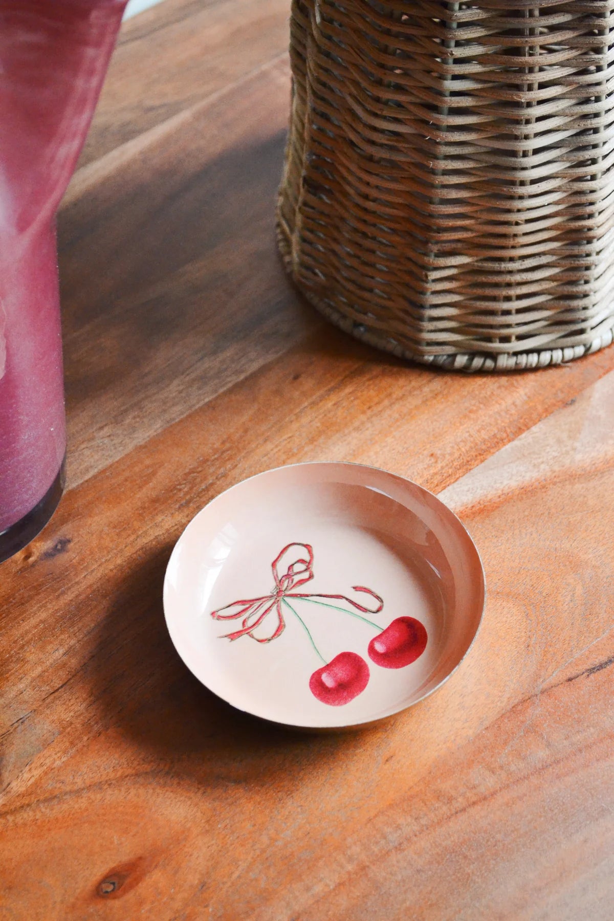 Vintage Enamel Trinket Dish with Cherry Design - Small Decorative Catchall Tray for Jewelry, Keys, Coins & Essentials | Perfect for Dresser, Nightstand, Bathroom & Entryway Organization