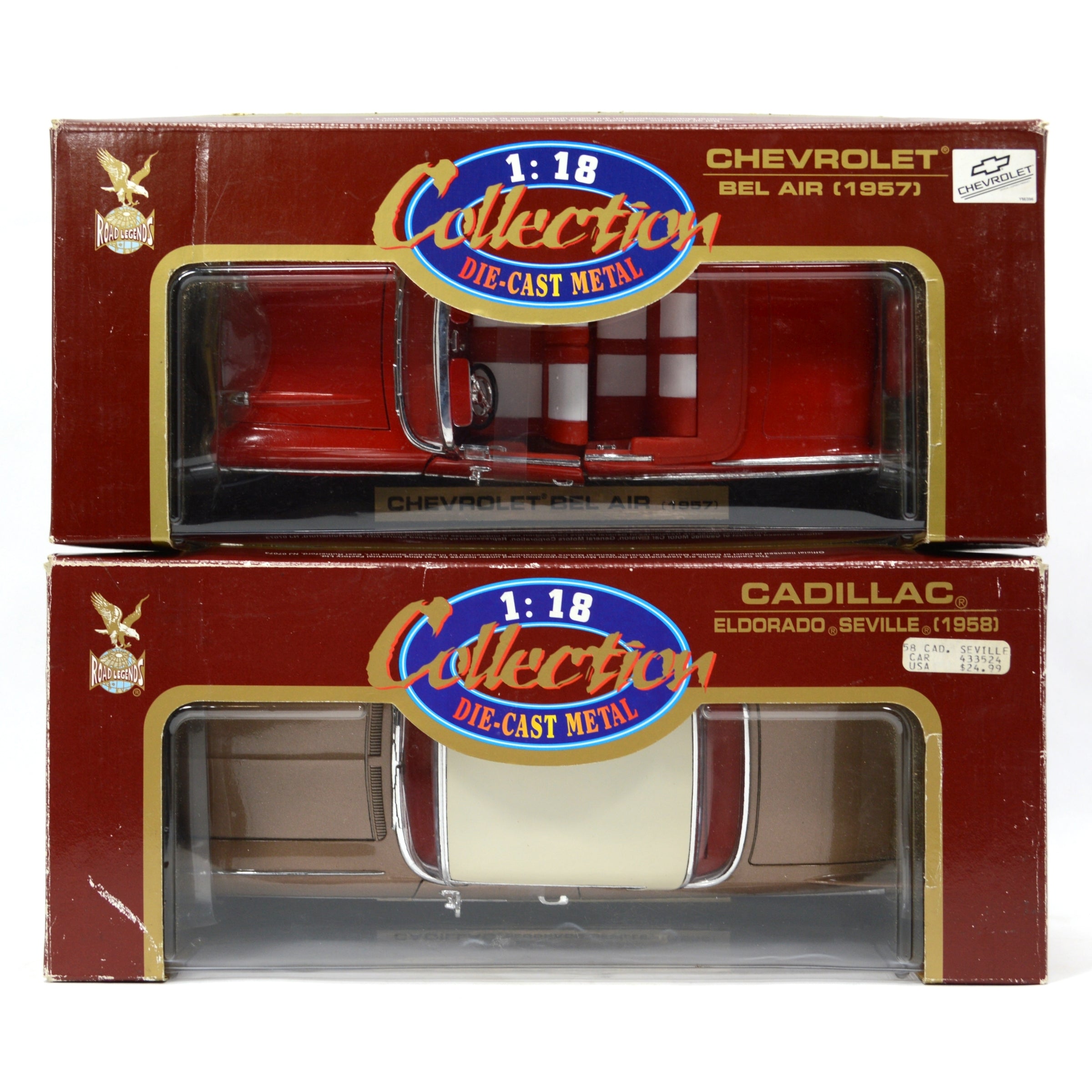 Lot of 2 Road Legends Diecast Cars 1:18 Scale - Chevy Bel Air & Cadillac Eldorado | Collectible Model Cars for Display & Gifting