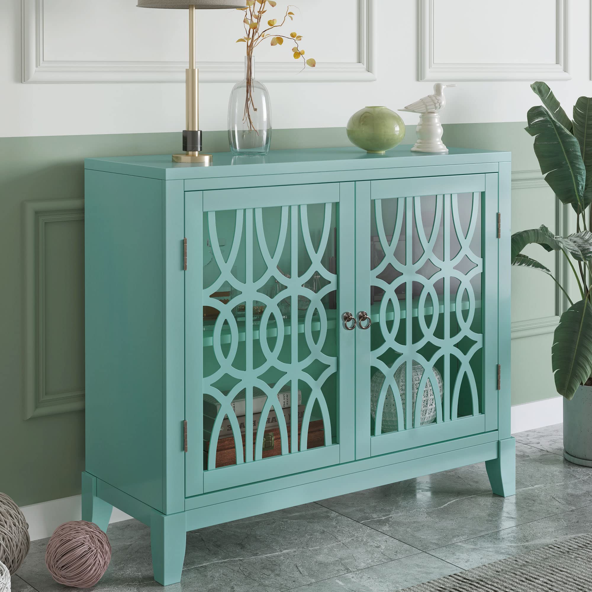 Wooden Storage Cabinet with Doors & Adjustable Shelf - Entryway Console Table, Kitchen Buffet Sideboard for Dining Room | Green Accent Furniture for Home Organization & Decor