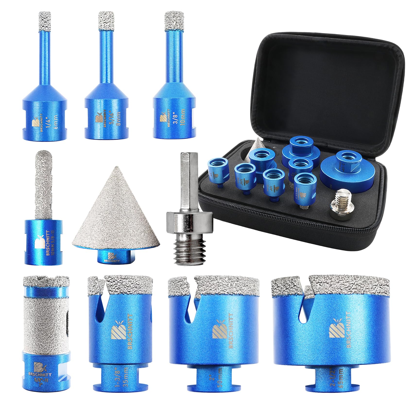 Diamond Core Drill Bit Set - BRSCHNITT 10pcs Tile Hole Saw Kit for Porcelain, Ceramic, Marble & Granite Drilling with Finger Chamfer Bit | Perfect for Bathroom Renovation, Kitchen Backsplash & DIY Tile Projects