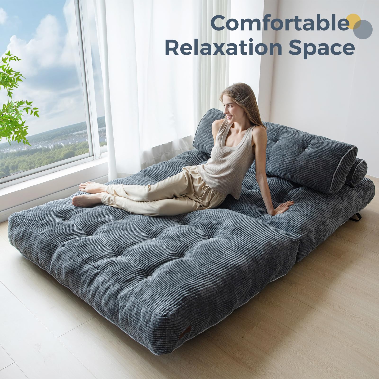MAXYOYO Corduroy Folding Sofa Bed - Convertible Sleeper Chair with Pillow & Foldable Mattress, Back Support (Double Size, Dark Grey) for Small Spaces, Guest Rooms & Apartments