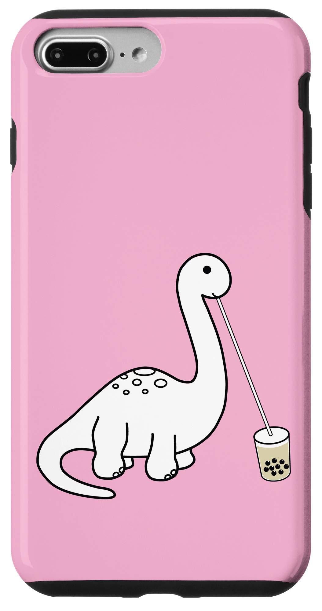 Dino Brontosaur Drinking Boba Bubble Milk Tea Pink Phone Case for iPhone 7 Plus/8 Plus - Cute Dinosaur Design, Protective Cover for Everyday Use & Gift Giving