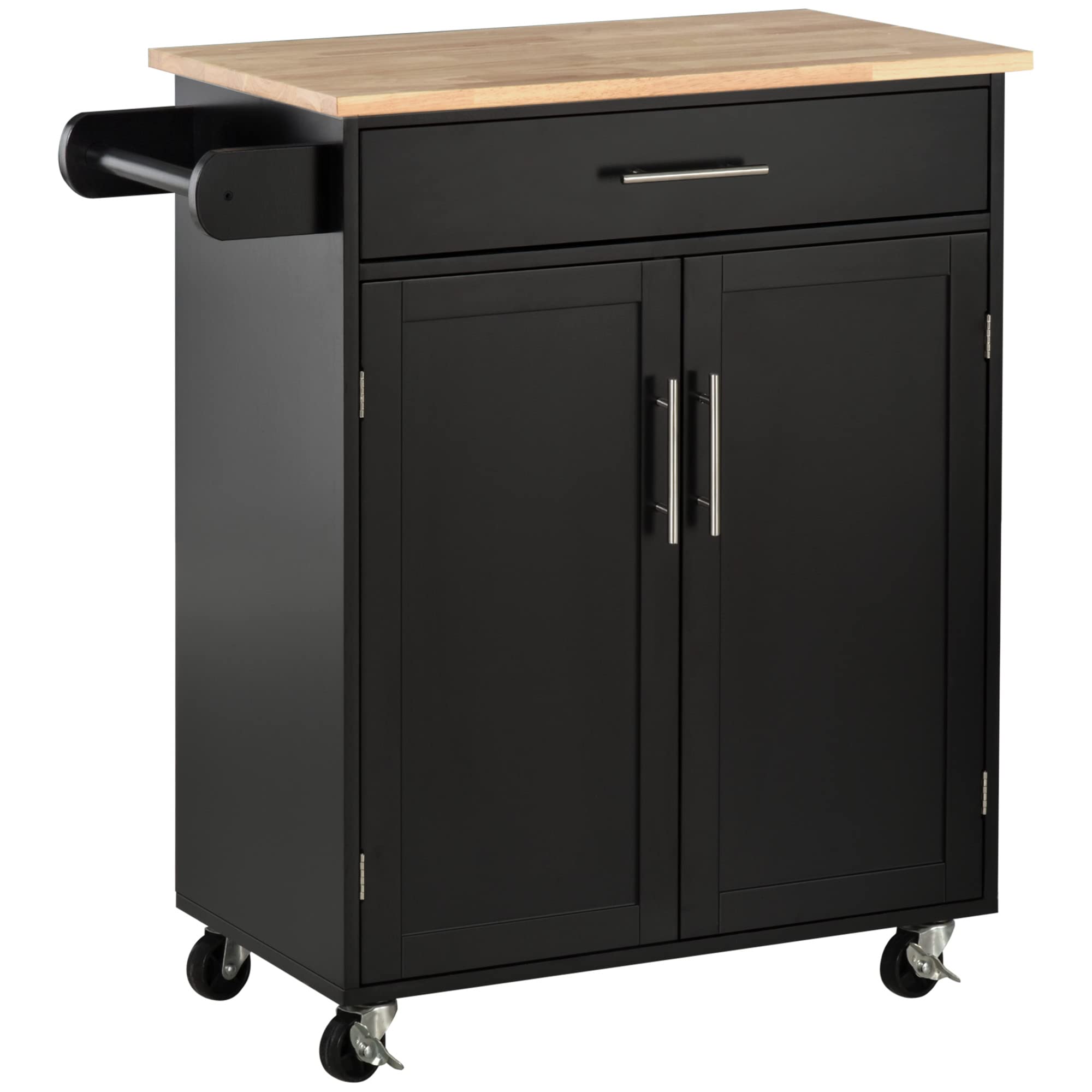 HOMCOM Kitchen Island Cart with Wheels, Rolling Trolley with Drawer, Storage Cabinet & Towel Rack - Black | Mobile Kitchen Organizer for Small Spaces, Countertop Extension for Cooking & Dining