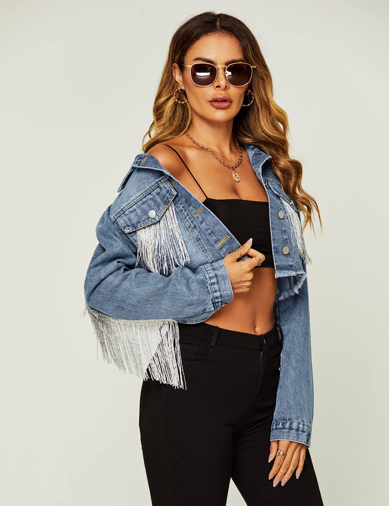 Flygo Women's Fringe Denim Jacket - Button Down Raw Hem Tassel Crop Jacket for Women | Casual Outfit, Street Style, Spring & Fall Fashion