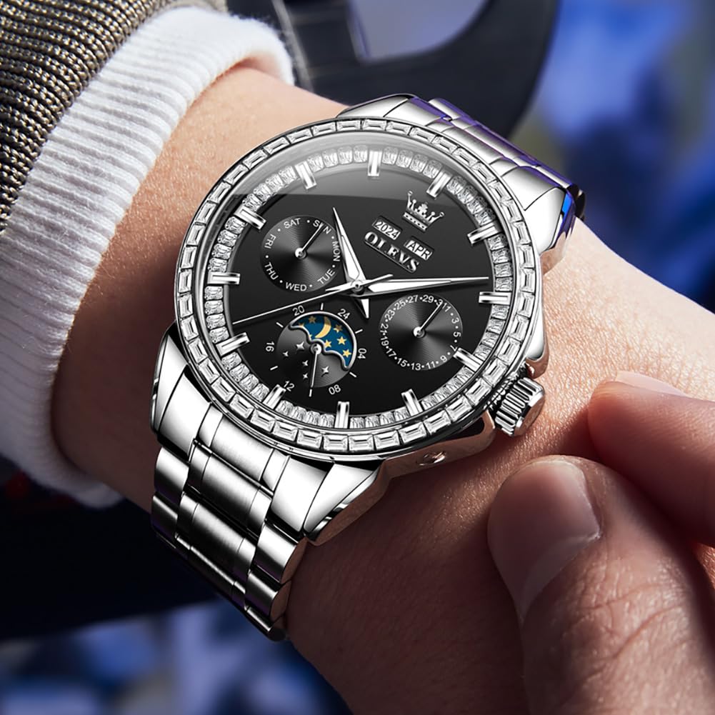 OLEVS Luxury Men's Automatic Self-Winding Watch - Diamond Accent Stainless Steel Multi-Function Calendar Watch with Waterproof & Luminous Features | Perfect for Business, Formal Events & Everyday Wear