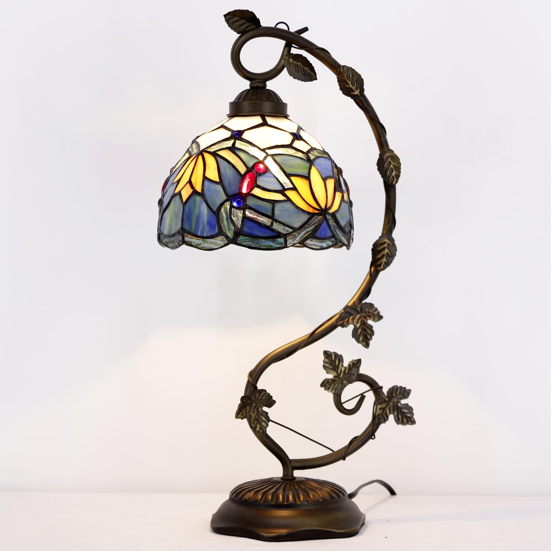 Tiffany Style Blue Stained Glass Lotus Table Lamp with Metal Leaf Base - 8x10x21 Inch Desk Reading Light for Bedroom, Home Office & Small Space Decor | S220 Series | Perfect for Cozy Reading Nooks & Nightstand Lighting