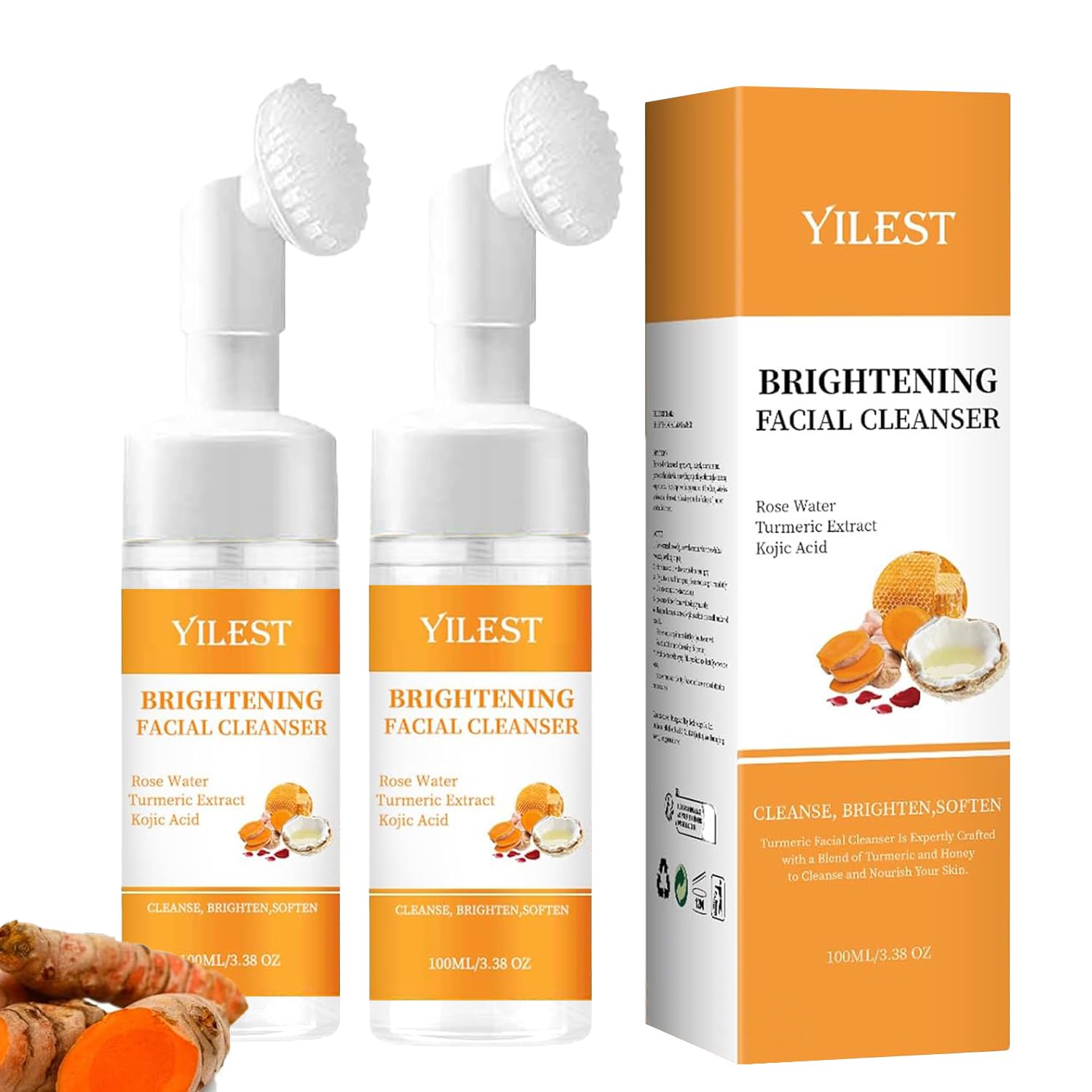 2 Pack Turmeric Face Wash with Brush - Natural Glow Facial Cleanser for Deep Cleansing & Exfoliating, Suitable for All Skin Types | Perfect for Daily Skincare Routine & Acne-Prone Skin