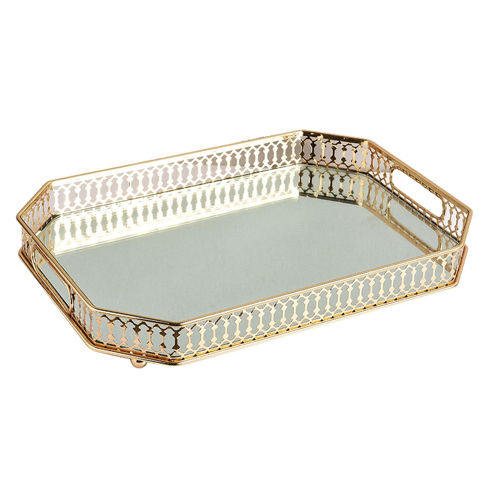 Elegant Gold Metal Serving Tray with Mirror Base - Decorative Dressing Table Drink Cradle for Cocktails, Wine & Beauty Essentials | Perfect for Home Bar, Vanity & Gift Giving