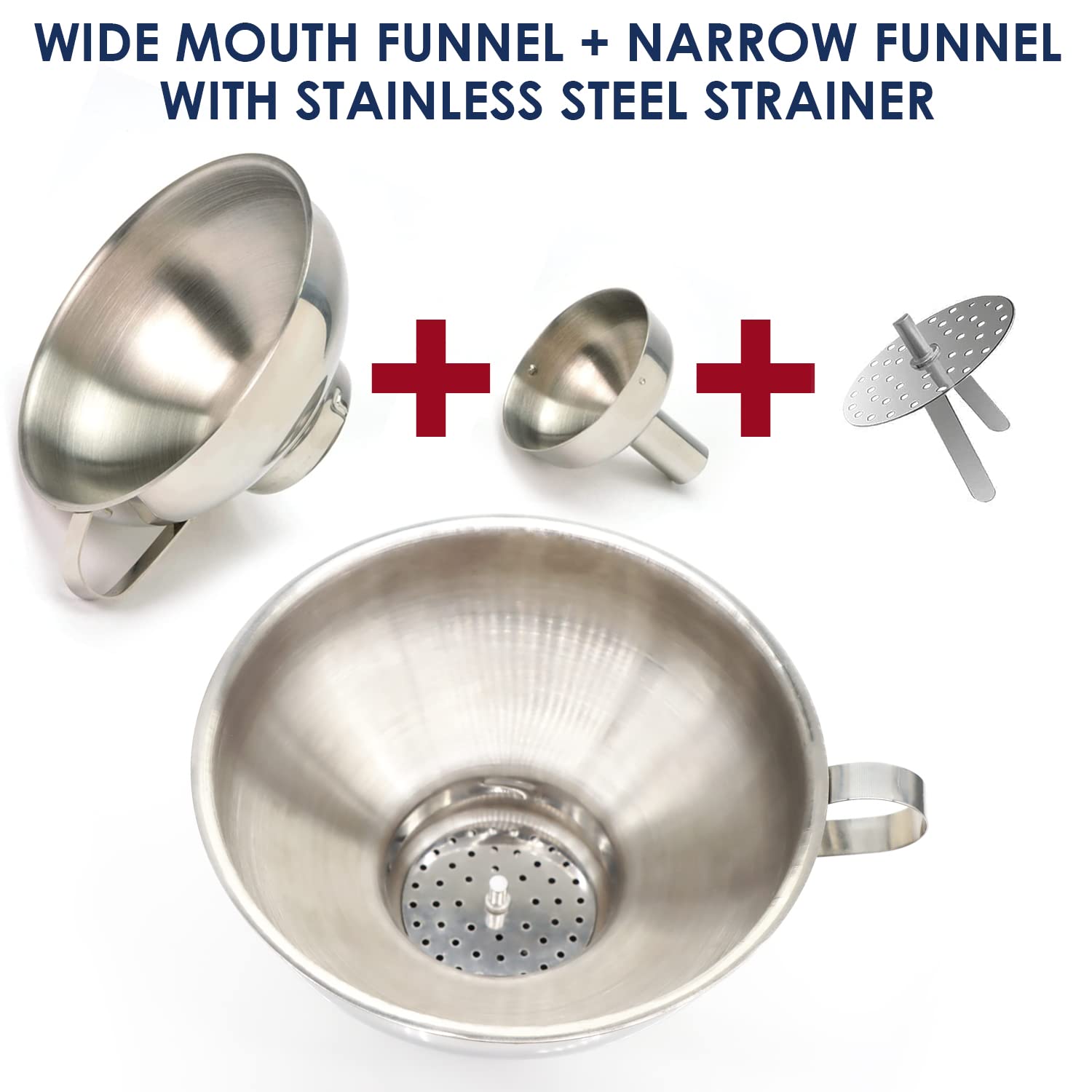 Premium Stainless Steel 4-Piece Funnel and Strainer Set - Wide & Narrow Mouth Canning Funnel for Mason Jars, Transferring Oils, Liquids, Dry Ingredients & Powder - Ideal for Home Canning, Cooking, Baking & DIY Projects