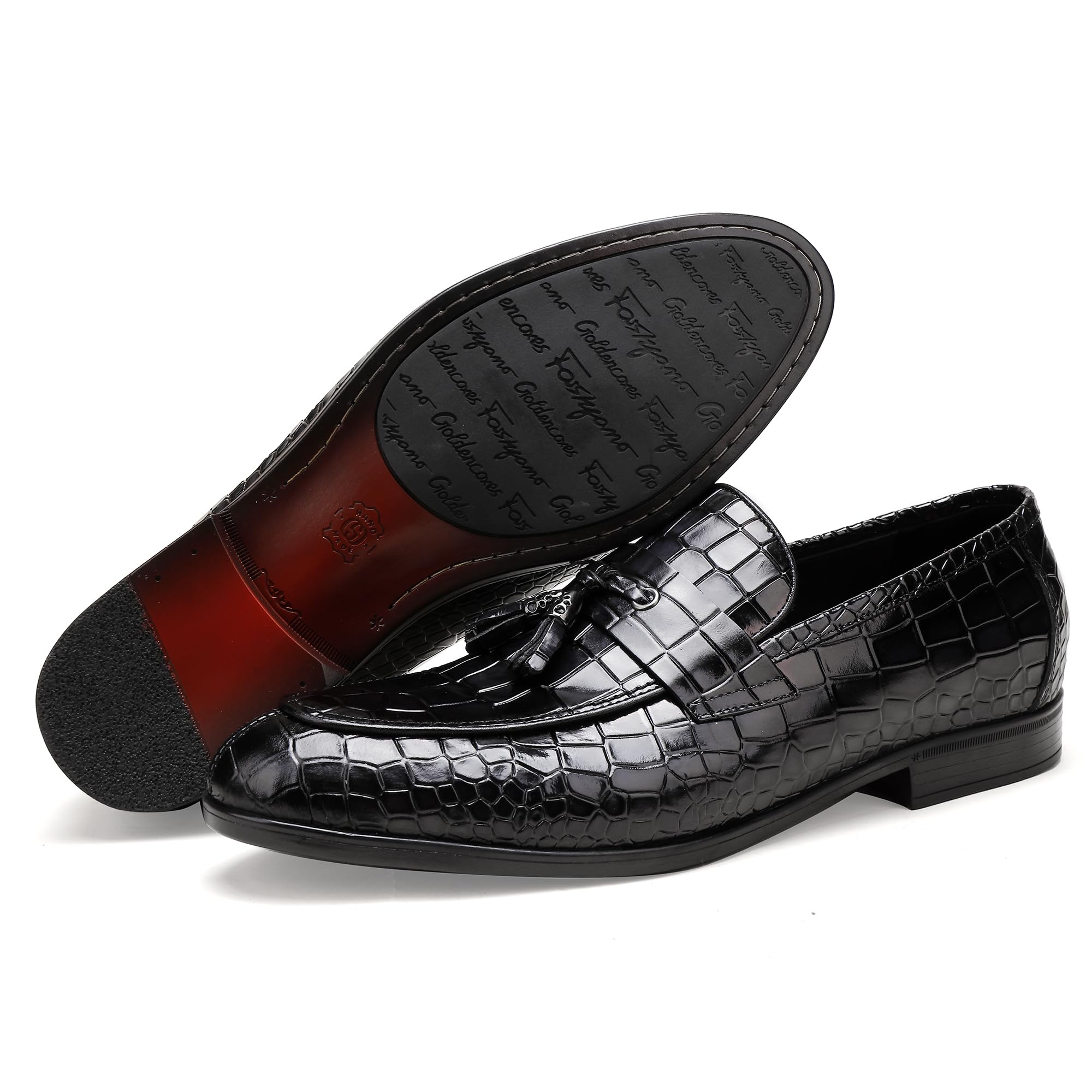 Premium Men's Leather Tassel Loafers - Classic Alligator Print Slip-On Dress Shoes for Business, Wedding & Formal Occasions | Comfortable & Stylish Office & Evening Wear