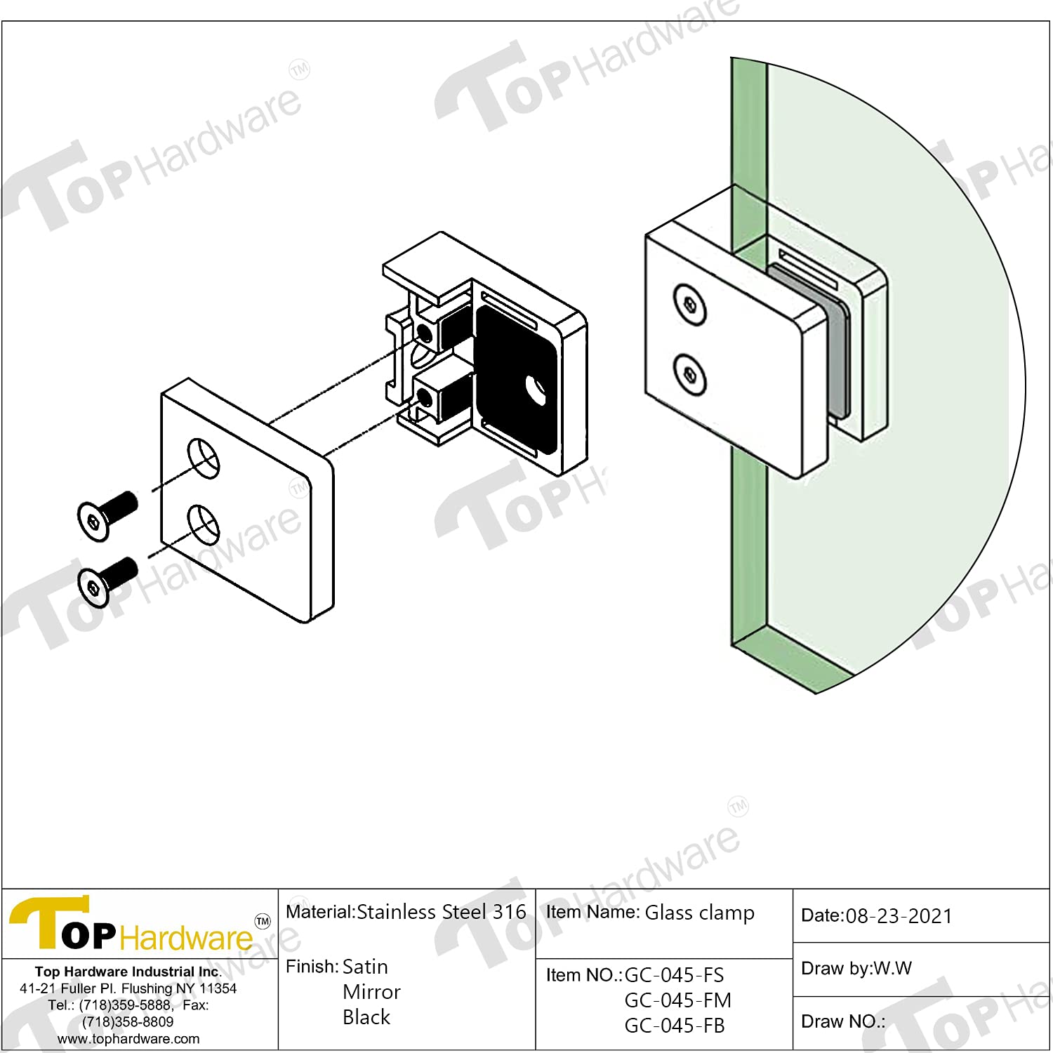 45x45mm Stainless Steel Square Glass Clamp - 1/4