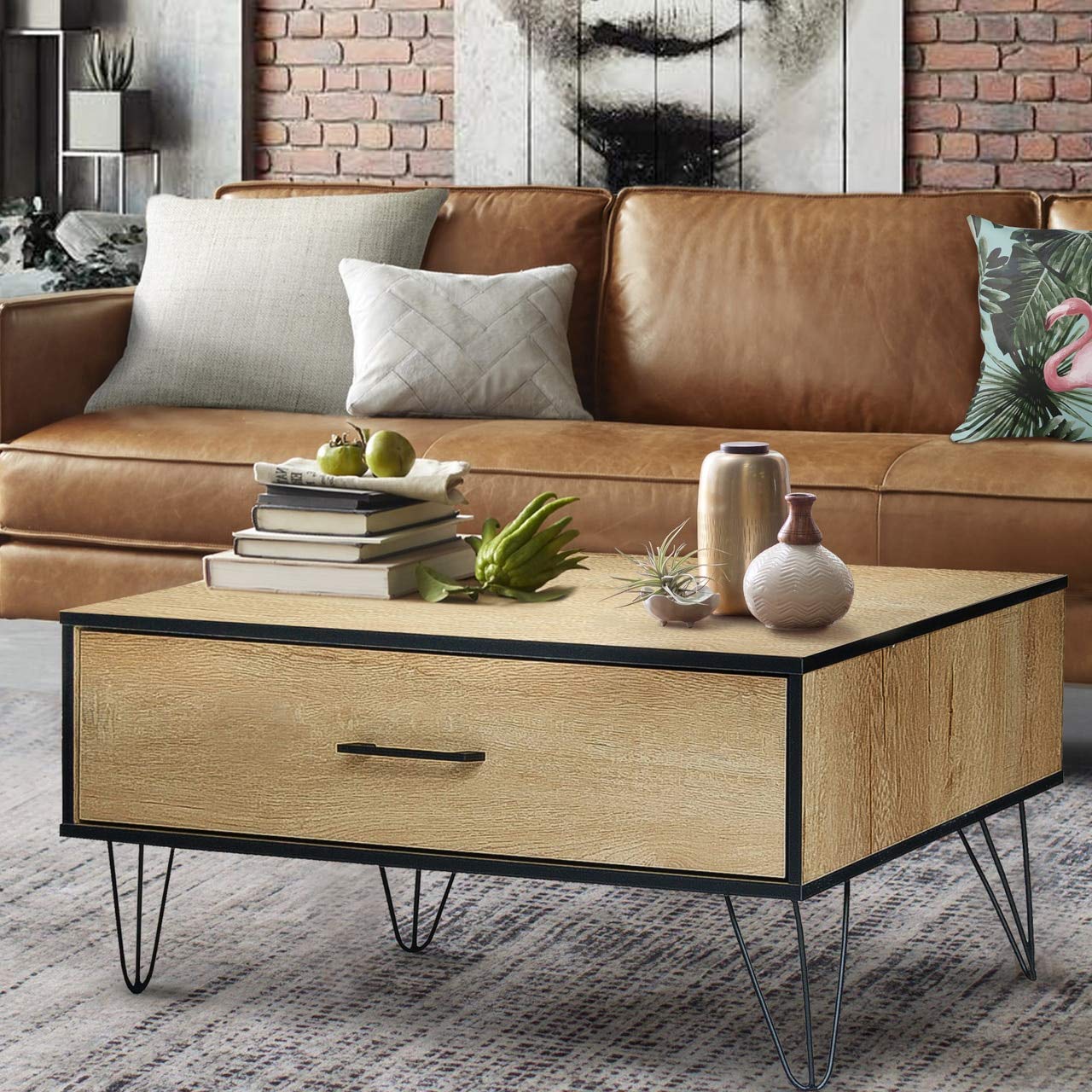 Classic Rectangular Wood Coffee Table with Drawer - Multipurpose Living Room Furniture in Wotan Eiche Oak with Black Edging - Perfect for Small Spaces, Home Decor & Coffee Table Books Display