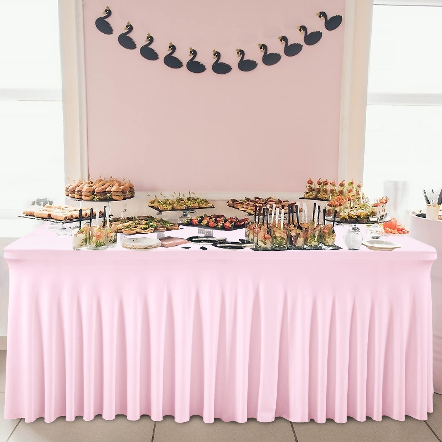 8ft Pink Spandex Table Skirt - Stretchable Table Cover for 8 Foot Rectangle Folding Tables | Perfect for Weddings, Banquets & Party Decorations